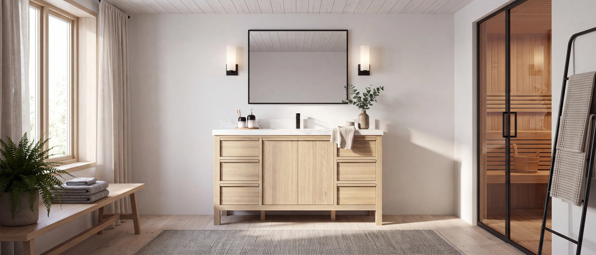 Nordic White Oak vanities — 60 inch Elizabeth white oak single sink vanity in a Scandinavian bathroom with a whitewashed pine ceiling and a cedar sauna