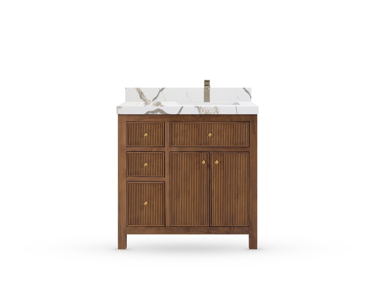 Sonoma Reeded Teak Wood 36 in. W x 22 in. D Right Offset Sink Bathroom Vanity