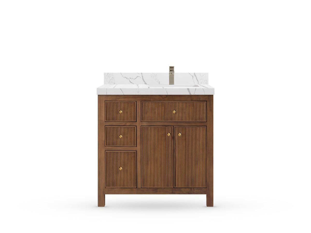 Sonoma Reeded Teak Wood 36 in. W x 22 in. D Right Offset Sink Bathroom Vanity