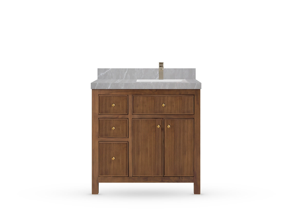 Sonoma Reeded Teak Wood 36 in. W x 22 in. D Right Offset Sink Bathroom Vanity