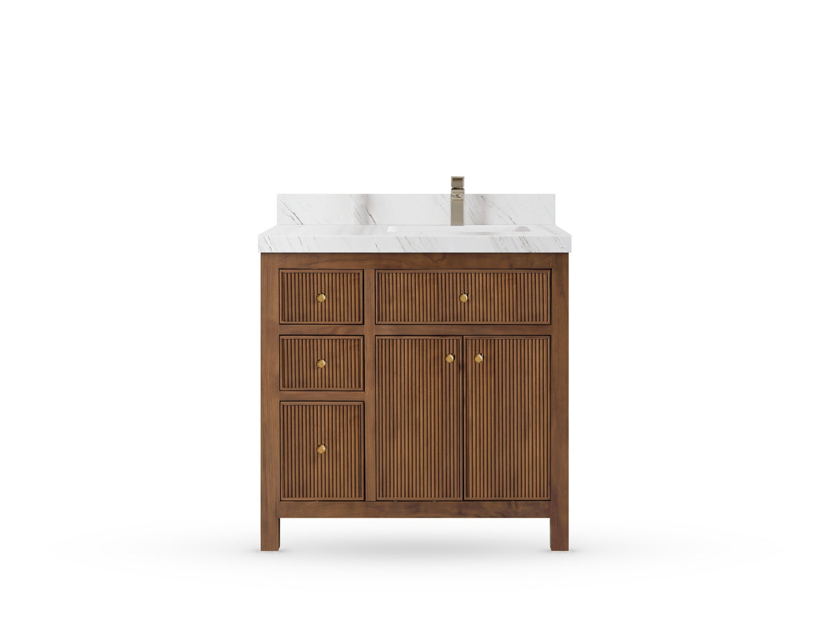 Sonoma Reeded Teak Wood 36 in. W x 22 in. D Right Offset Sink Bathroom Vanity