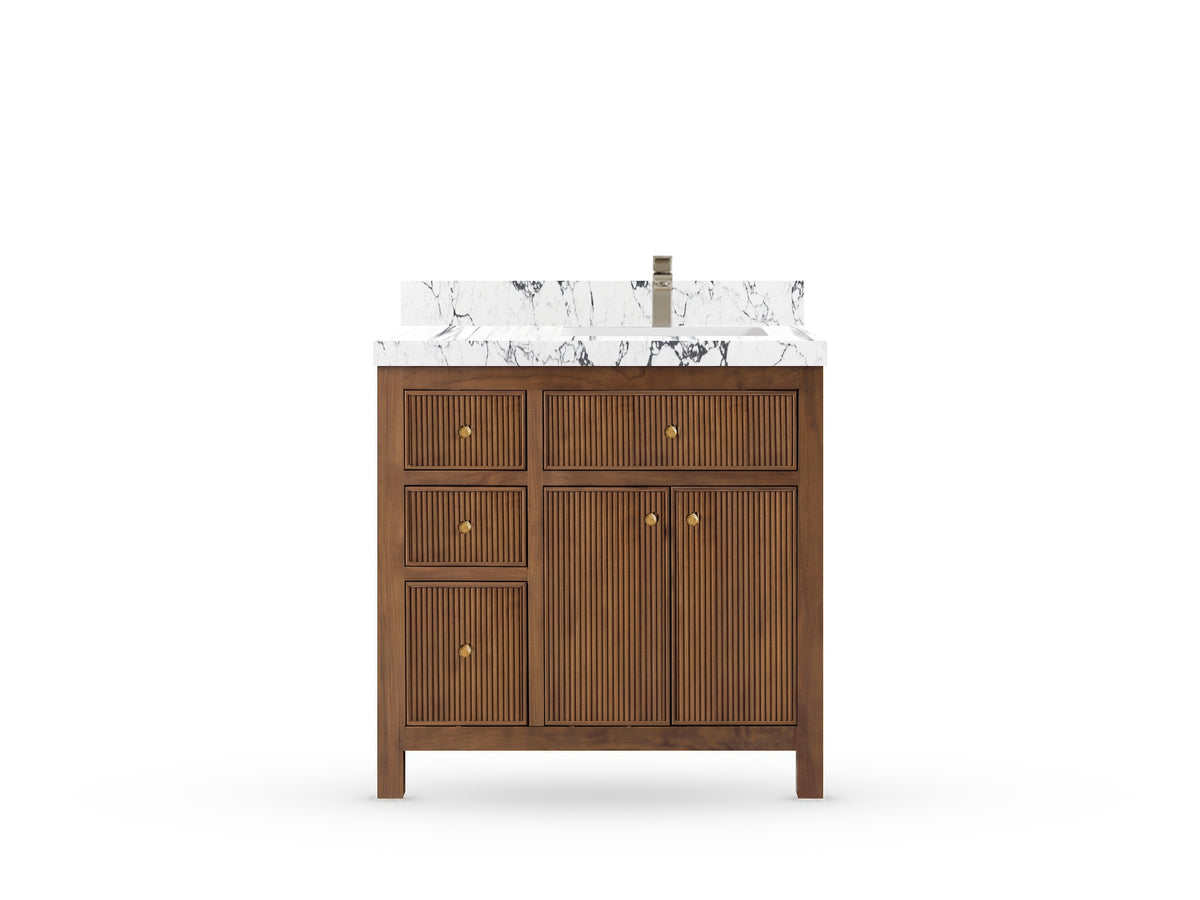 Sonoma Reeded Teak Wood 36 in. W x 22 in. D Right Offset Sink Bathroom Vanity