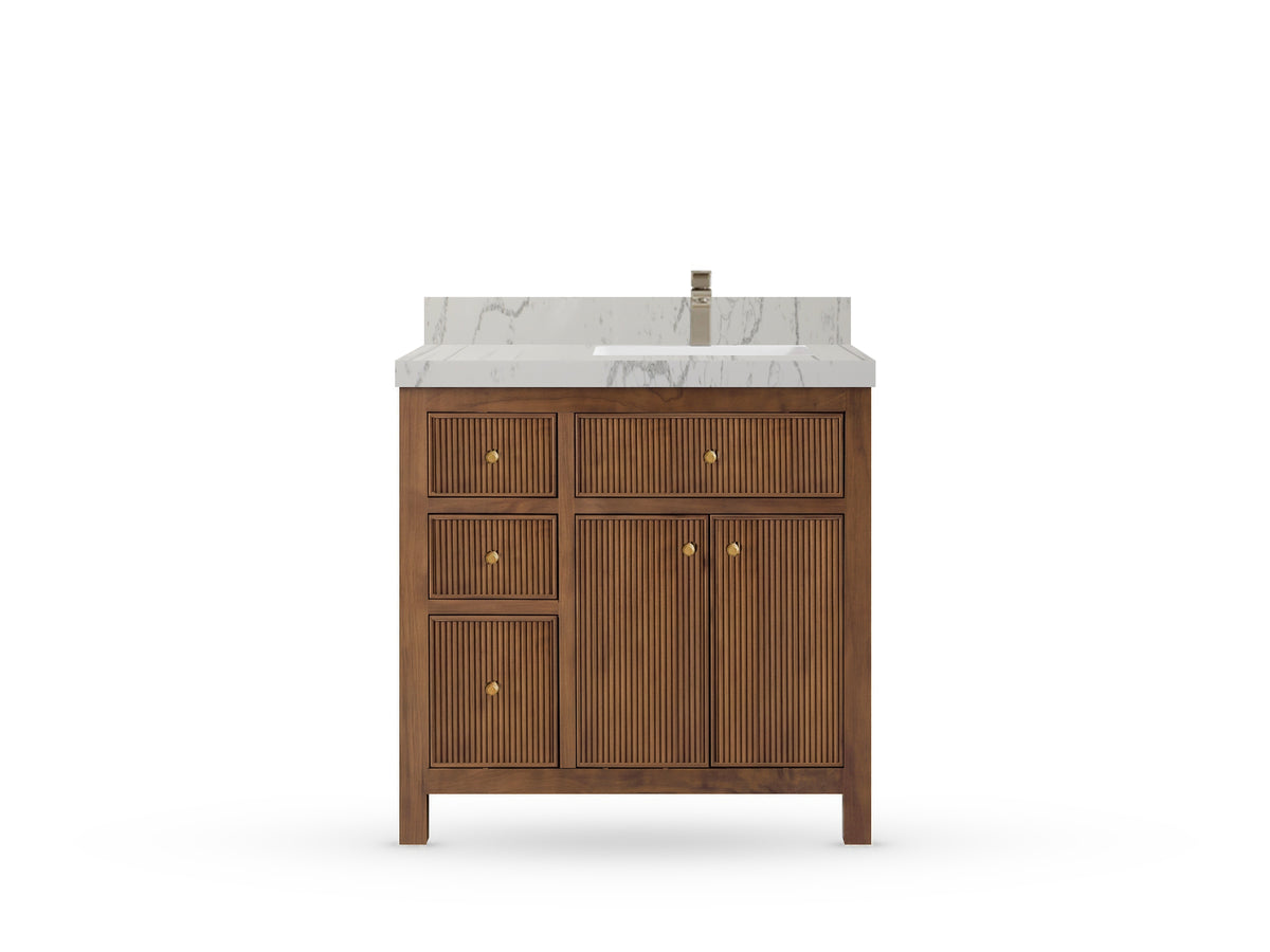 Sonoma Reeded Teak Wood 36 in. W x 22 in. D Right Offset Sink Bathroom Vanity