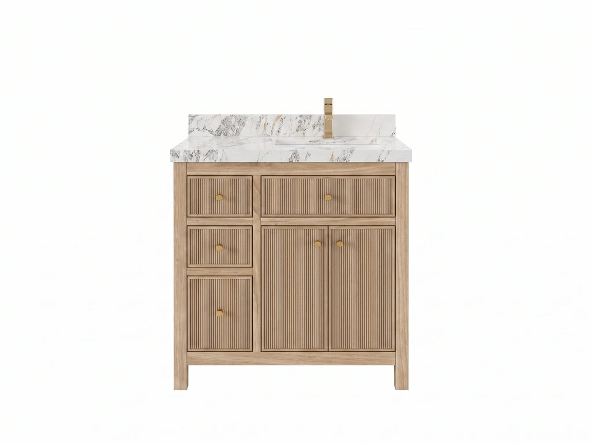 Sonoma Reeded Teak Wood 36 in. W x 22 in. D Right Offset Sink Bathroom Vanity