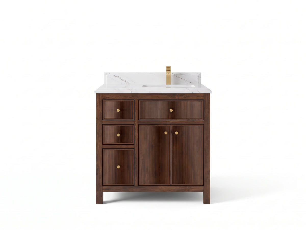 Sonoma Reeded Teak Wood 36 in. W x 22 in. D Right Offset Sink Bathroom Vanity