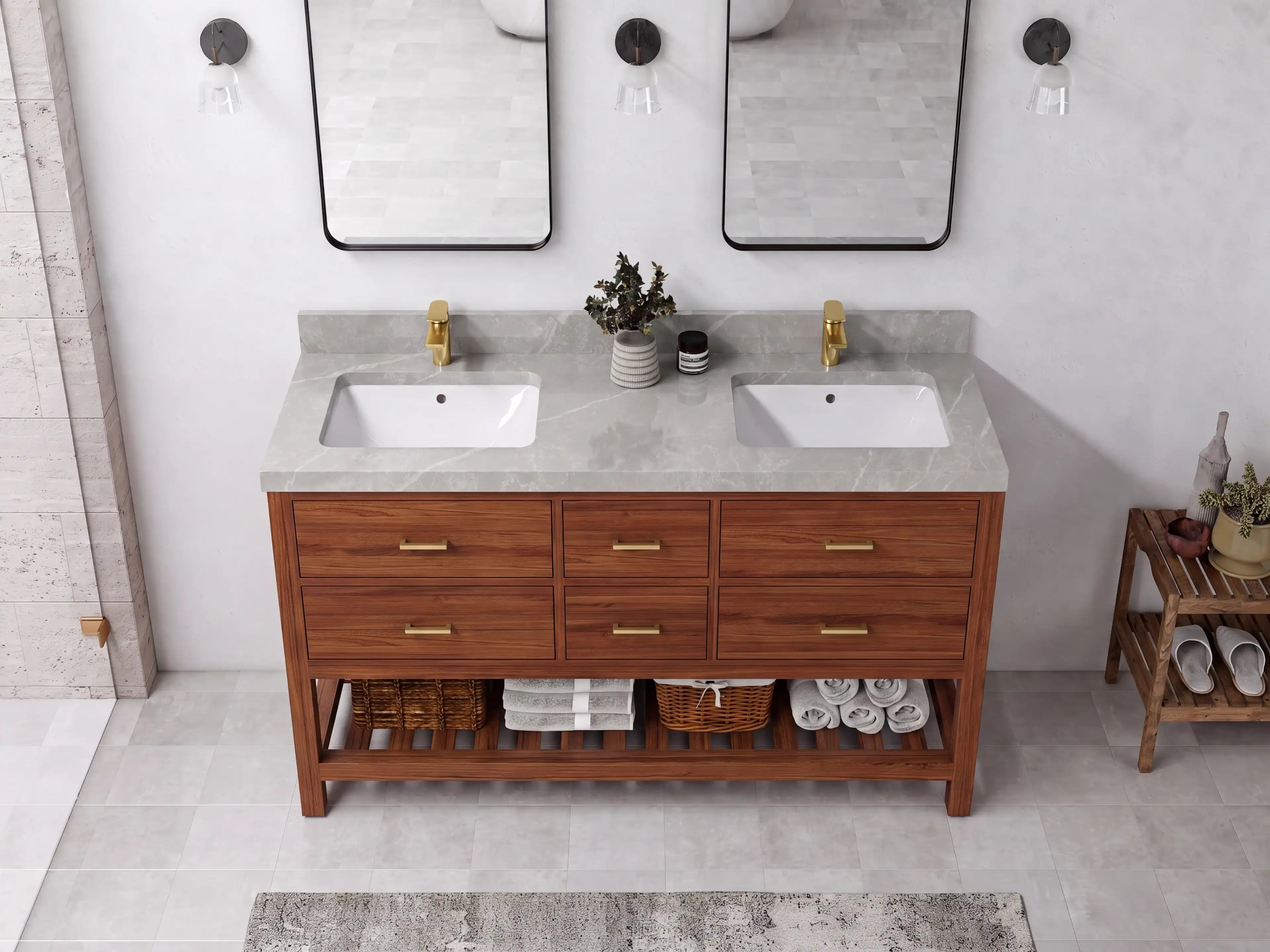 Parker Teak Wood 60 in. W x 22 in. D Double Sink Bathroom Vanity