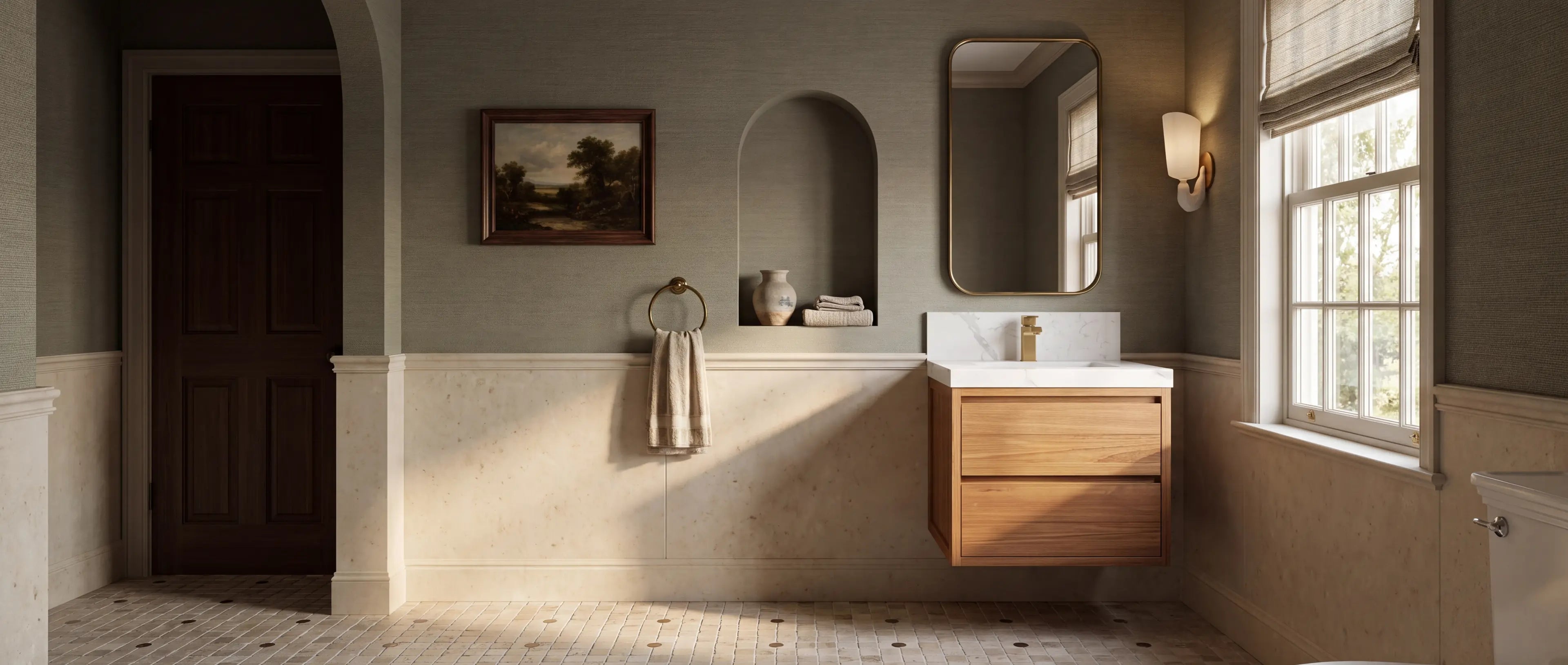 Madison 24 inch Dark Natural Teak floating single sink vanity in an olive grasscloth and warm limestone powder room