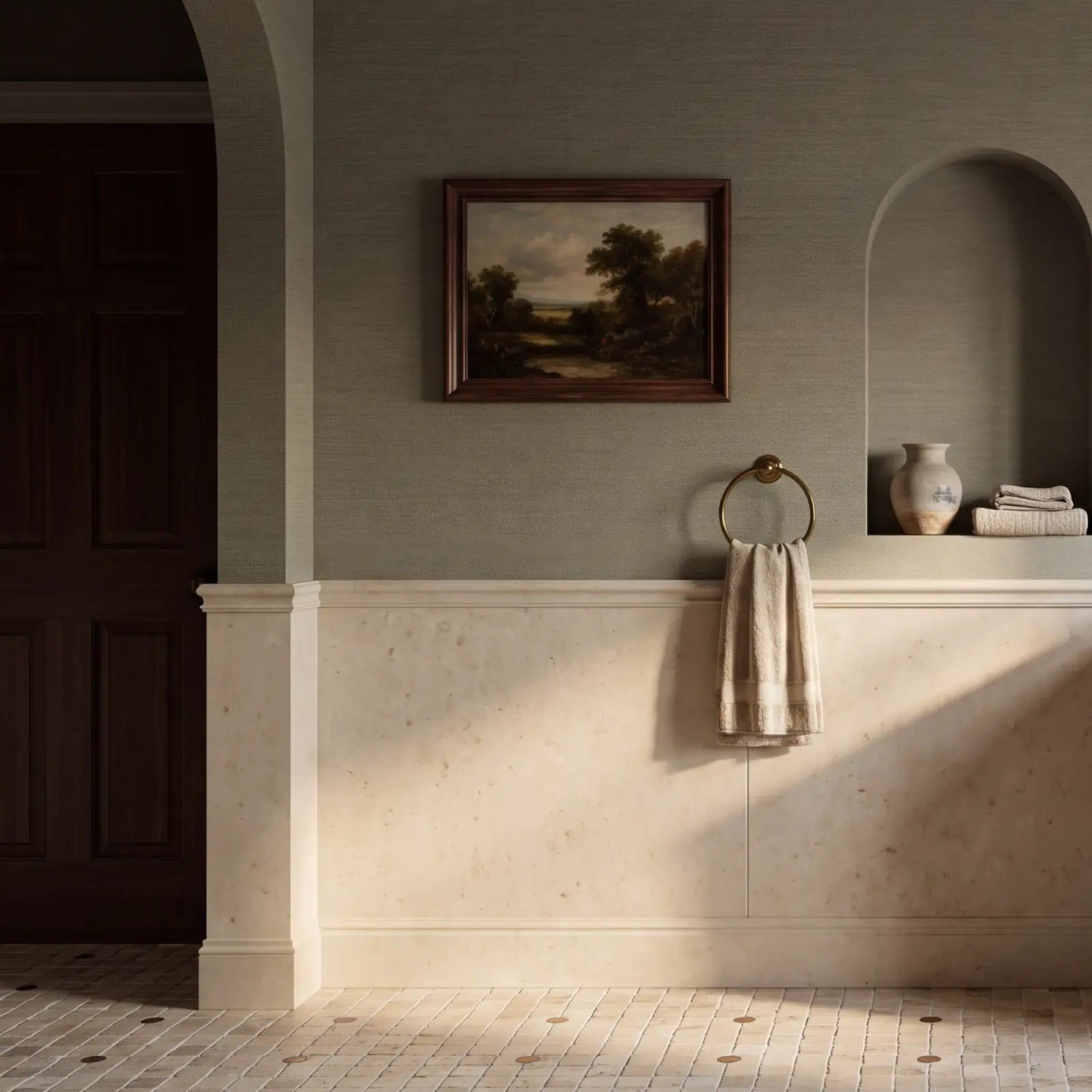 Olive grasscloth, warm honed limestone, walnut and aged brass selected for a 24-inch powder room