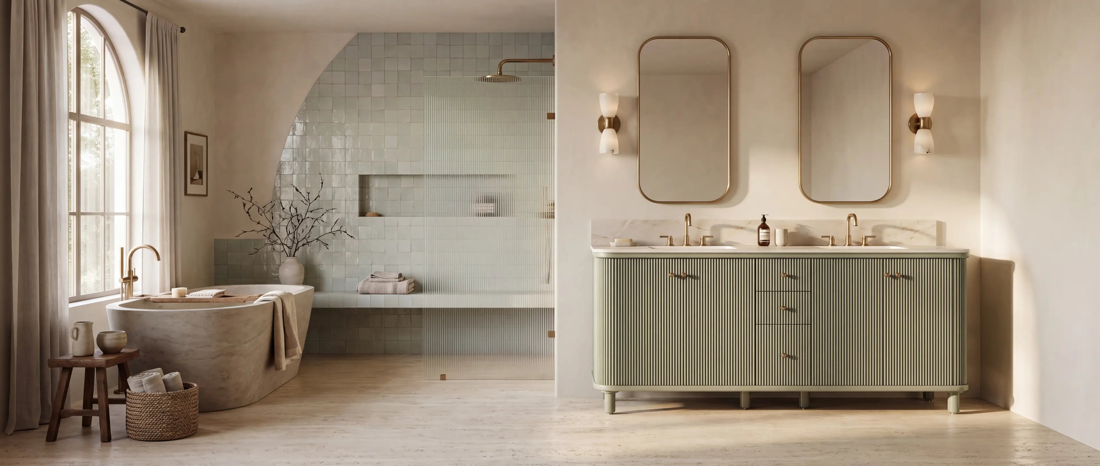Miami 72 inch Evergreen double sink vanity in a warm organic modern primary bathroom