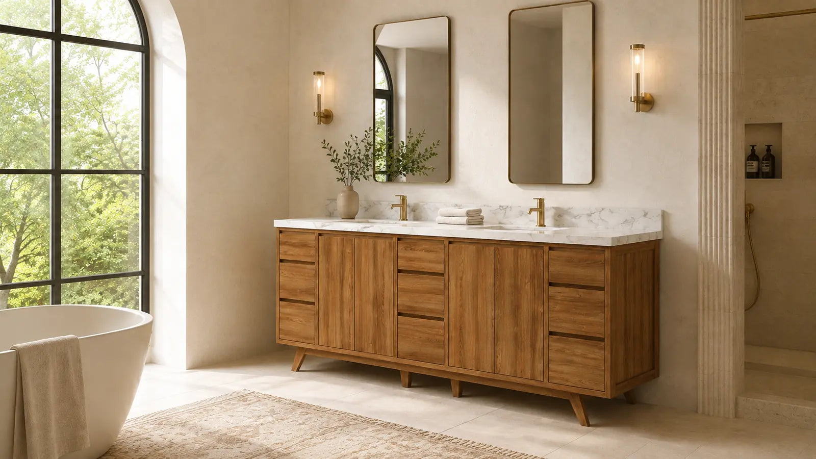 Madison solid teak 80 inch double sink bathroom vanity in a warm organic modern bathroom