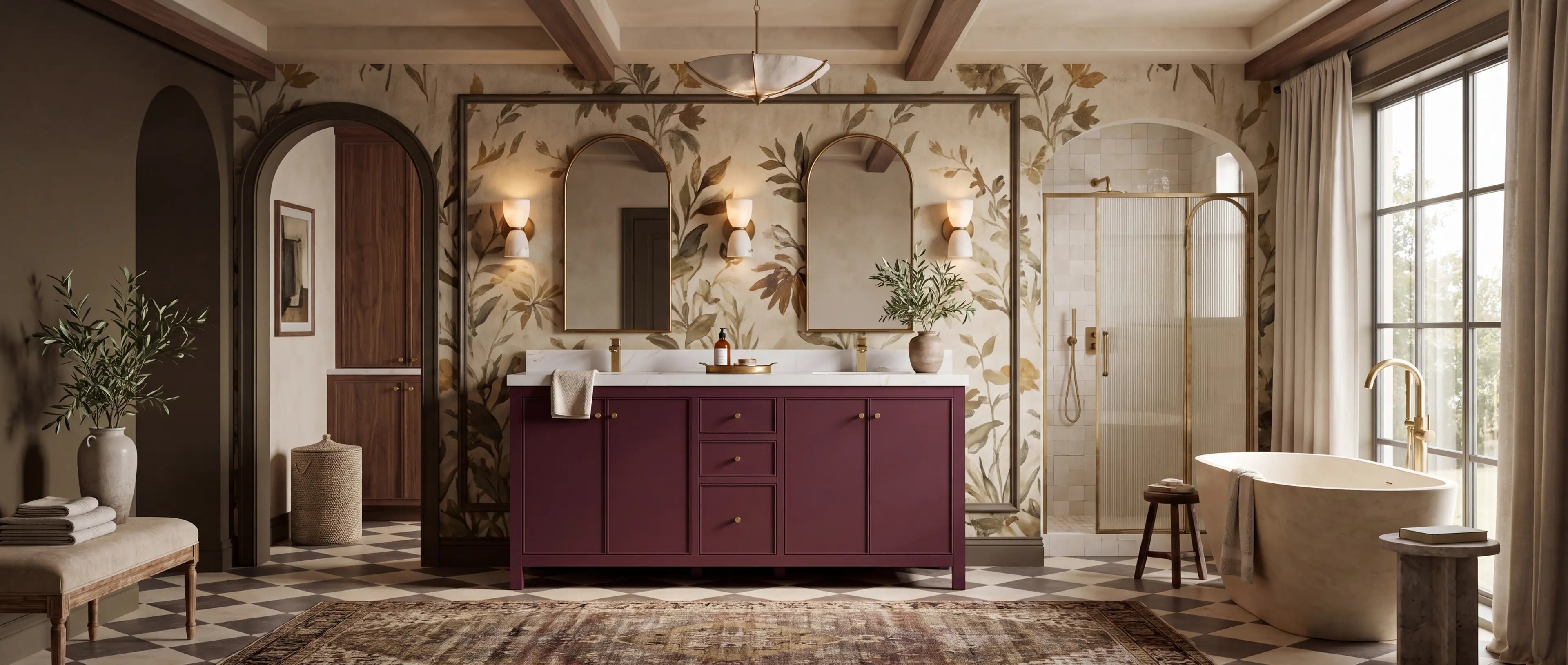 Willow Bath and Vanity Chicago 72 inch Burgundy double sink vanity in a complete Atlanta designer primary bathroom