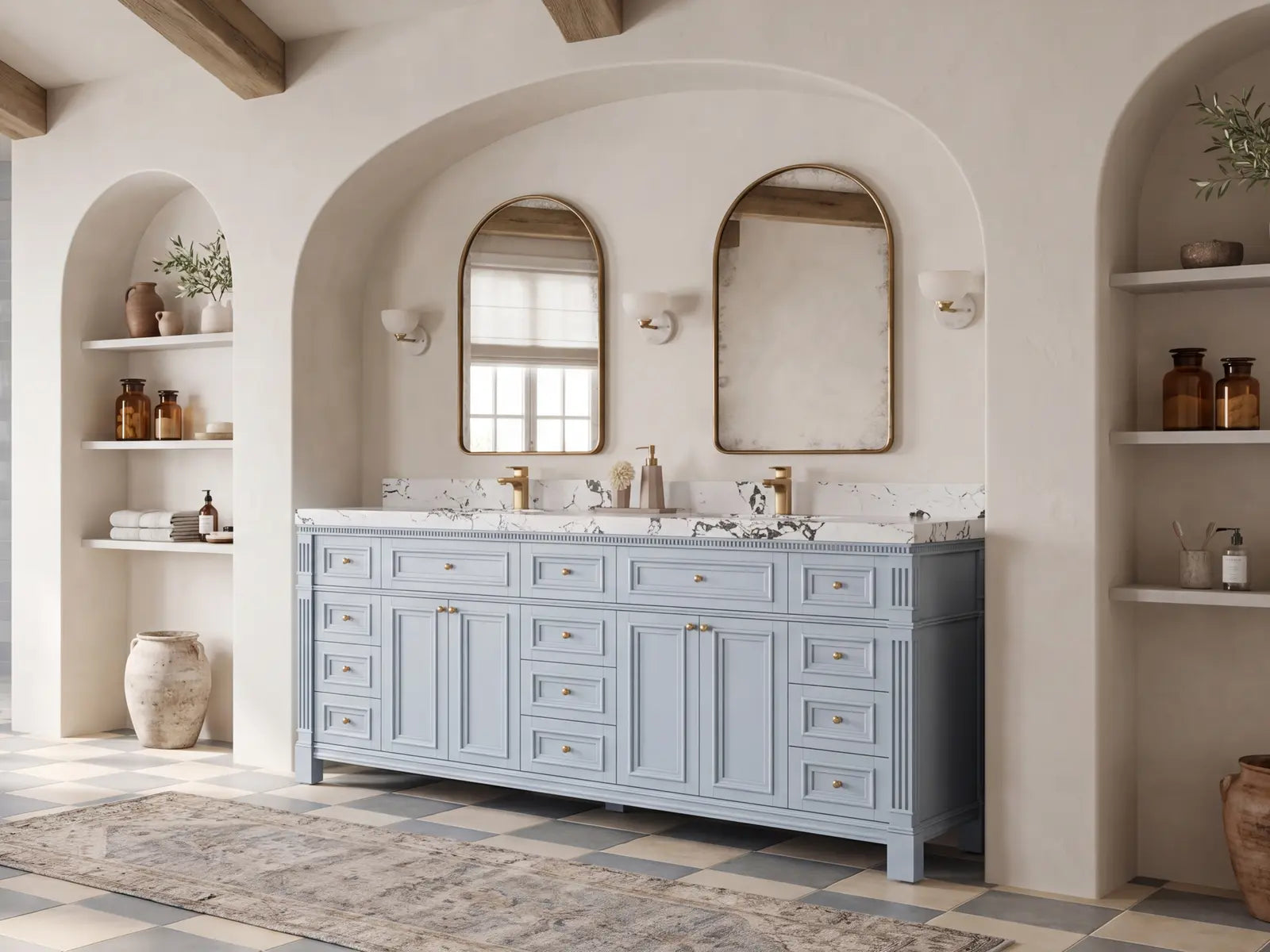 Paris 84 inch Blue Heather double sink bathroom vanity in a complete designer bathroom