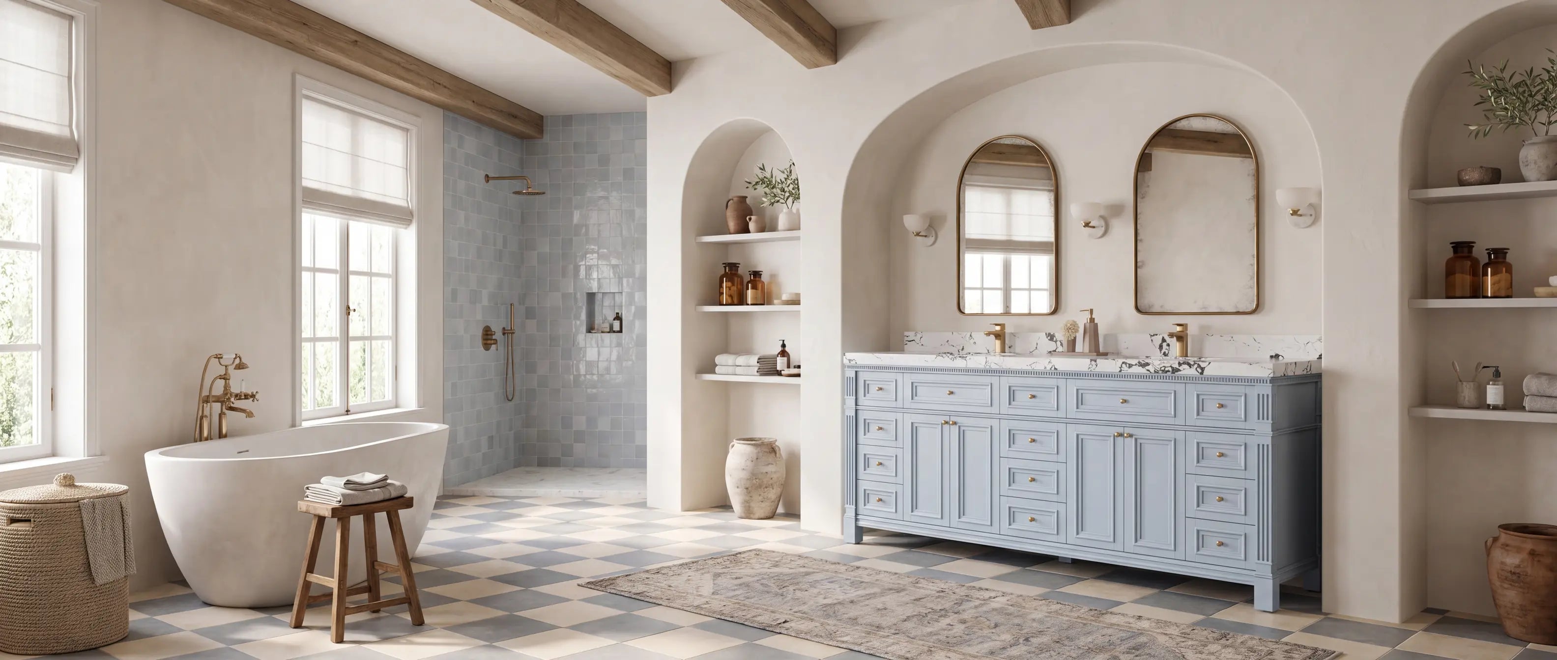 Paris 84 inch Blue Heather double sink bathroom vanity in a complete designer bathroom