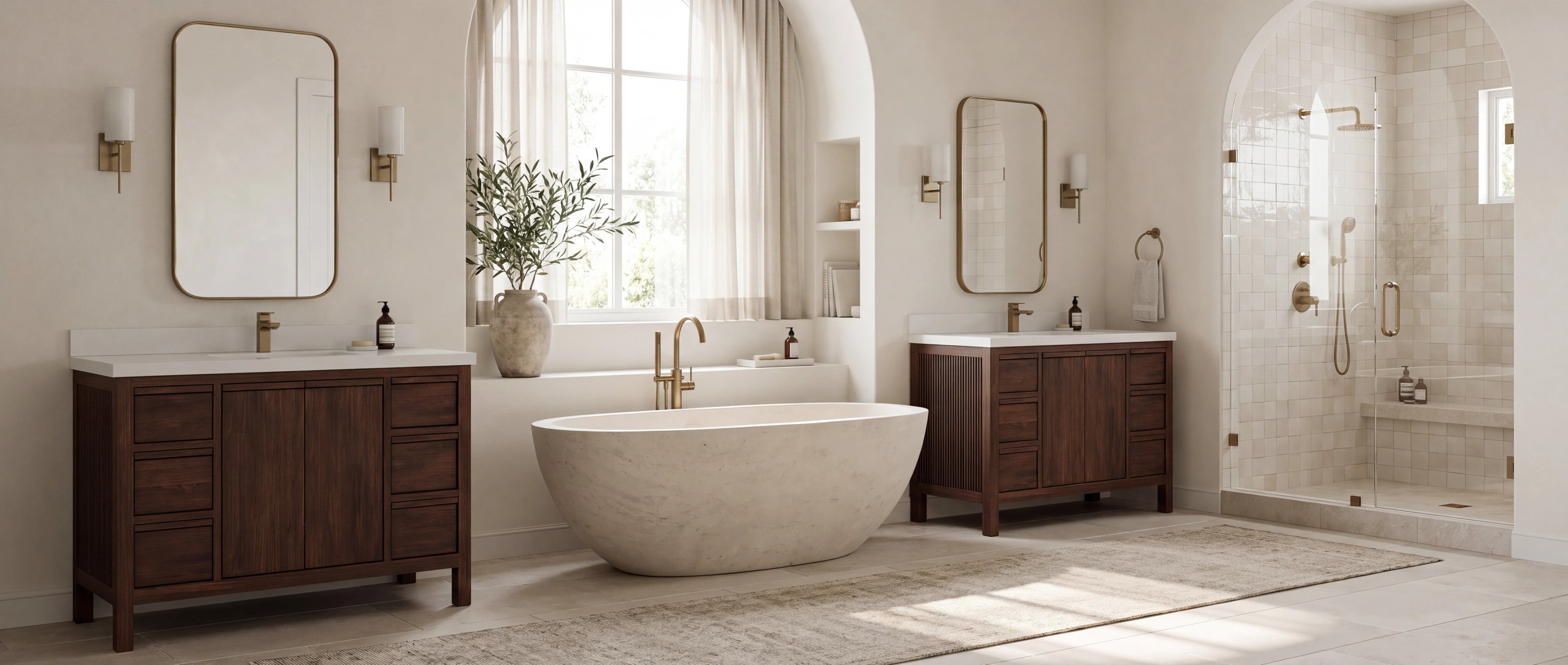 Two Elizabeth 48 inch teak vanities in Dark Walnut Finish framing a freestanding bathtub