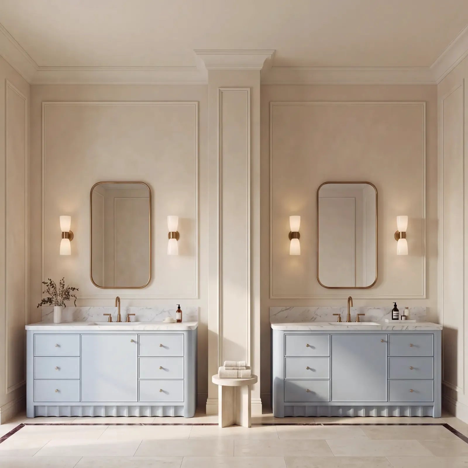 Two separate Orlando Blue Heather single sink vanities in a Parisian primary bathroom