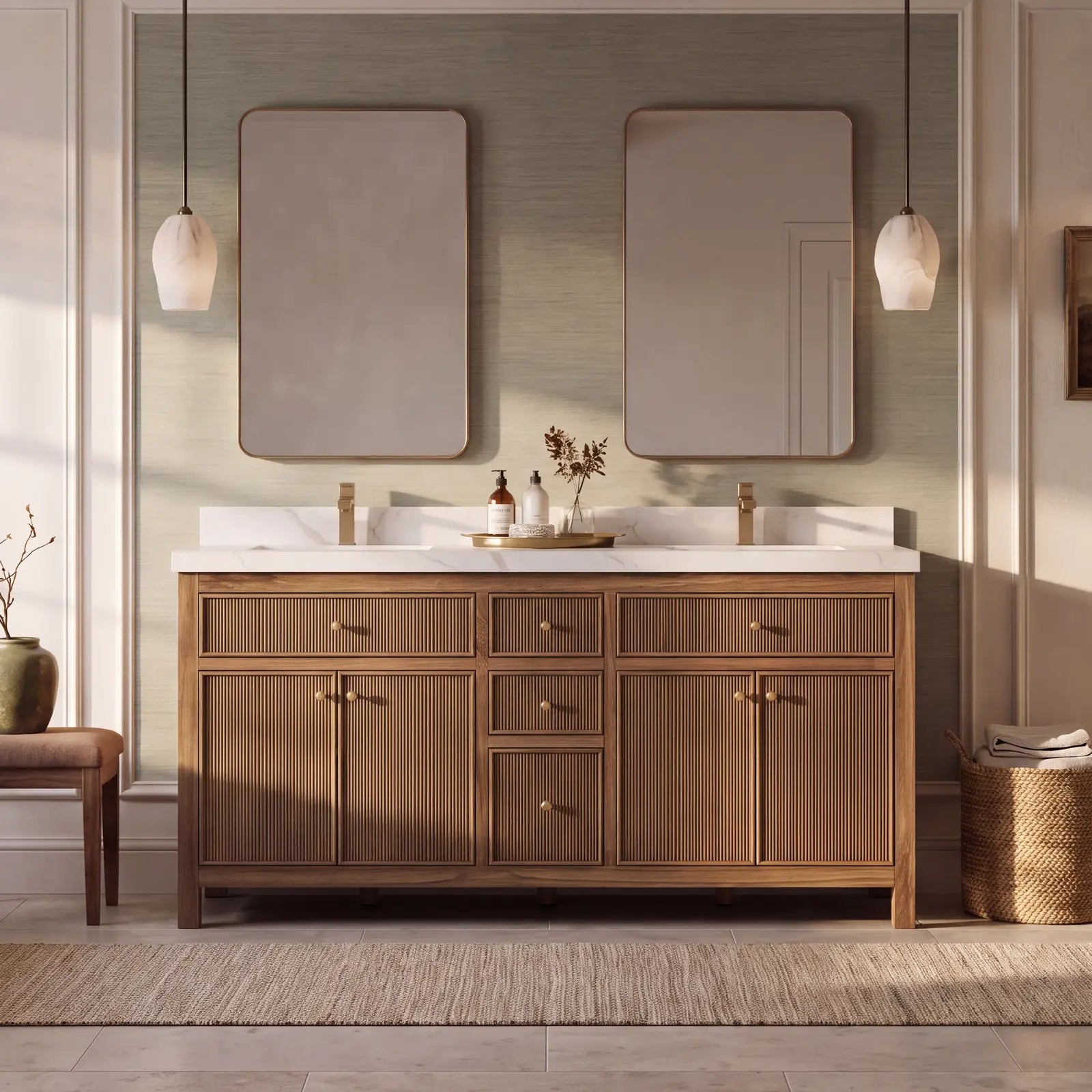 Willow Sonoma 72 inch Dark Natural Teak double sink vanity in a warm American organic transitional bathroom