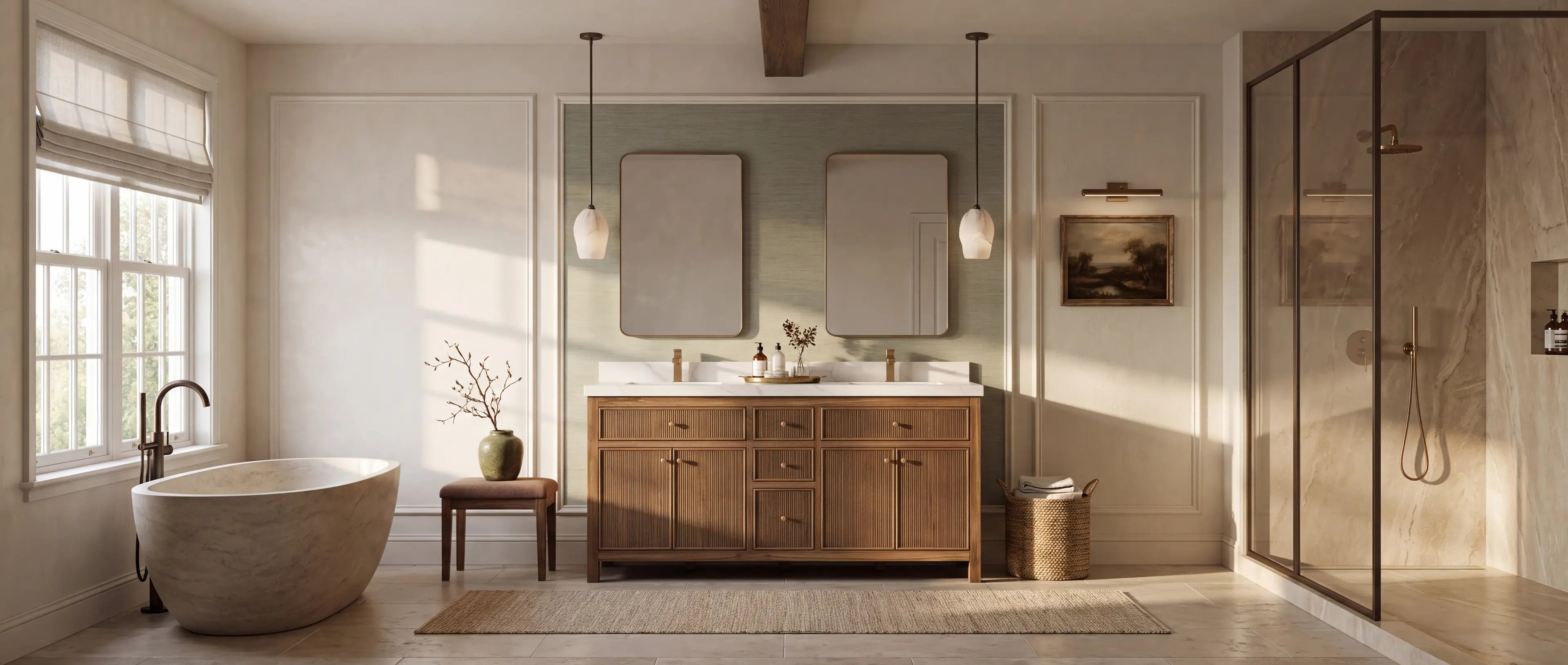 Willow Sonoma 72 inch Dark Natural Teak double sink vanity shown straight on in a warm American designer bathroom