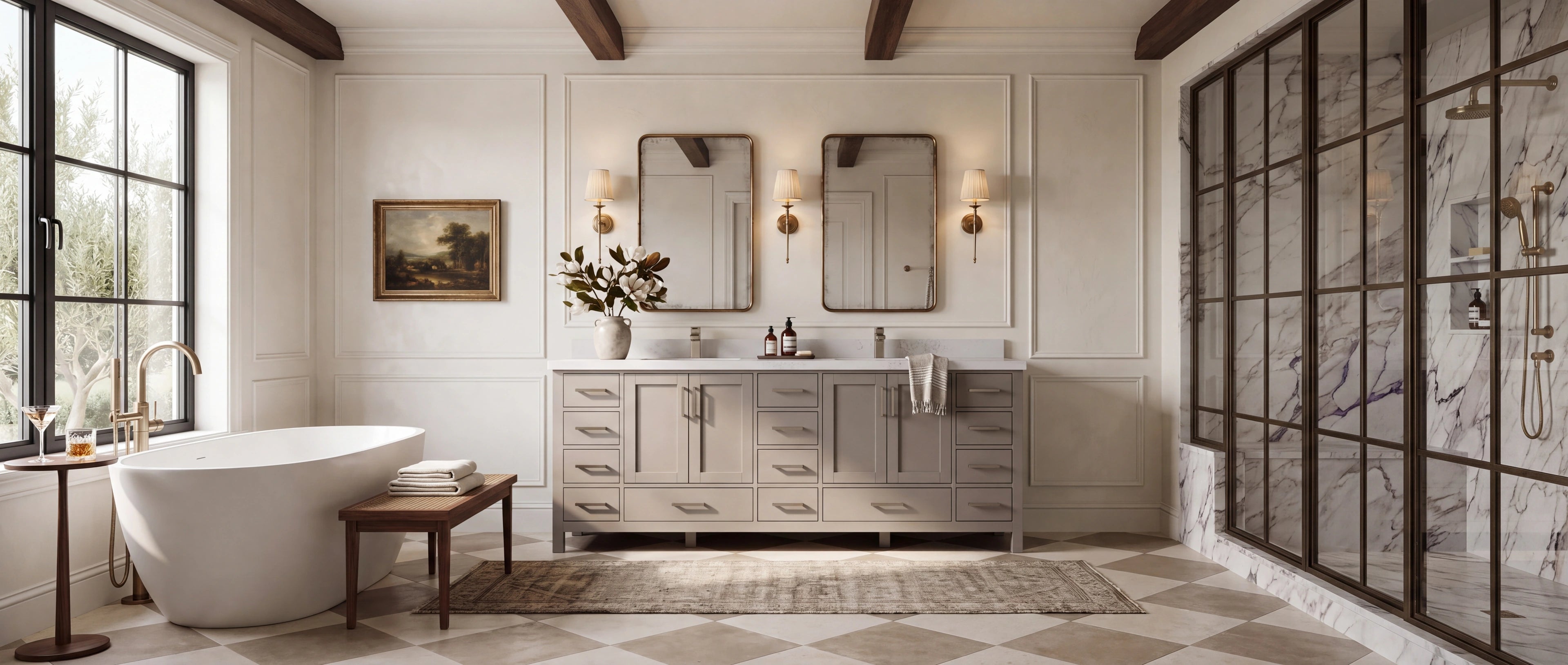 Willow Malibu 84 inch Elephant Skin Gray double sink vanity in a complete Buckhead Atlanta designer bathroom