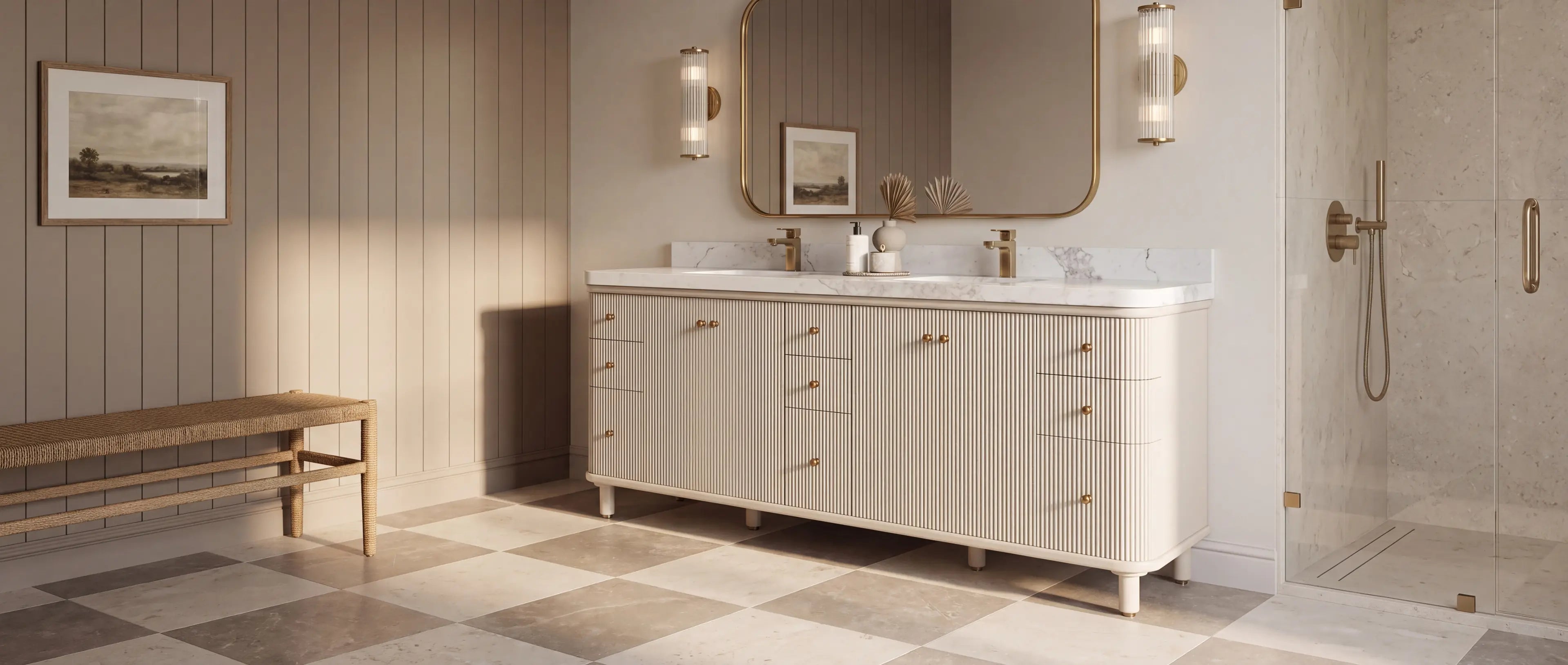 Fine Grain 72 inch reeded linen beige double sink bathroom vanity in a warm transitional Georgia home bathroom