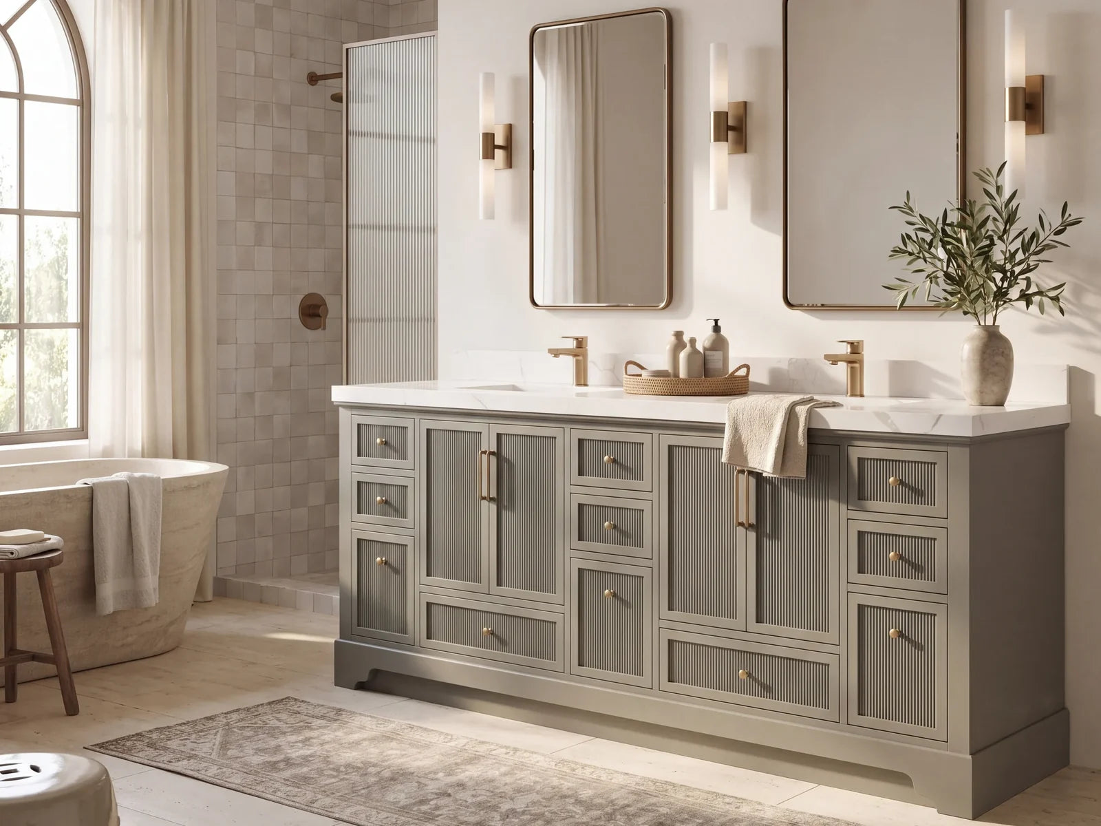 Sonoma 72 inch Dark Natural Teak double sink reeded bathroom vanity in a complete Buckhead designer bathroom