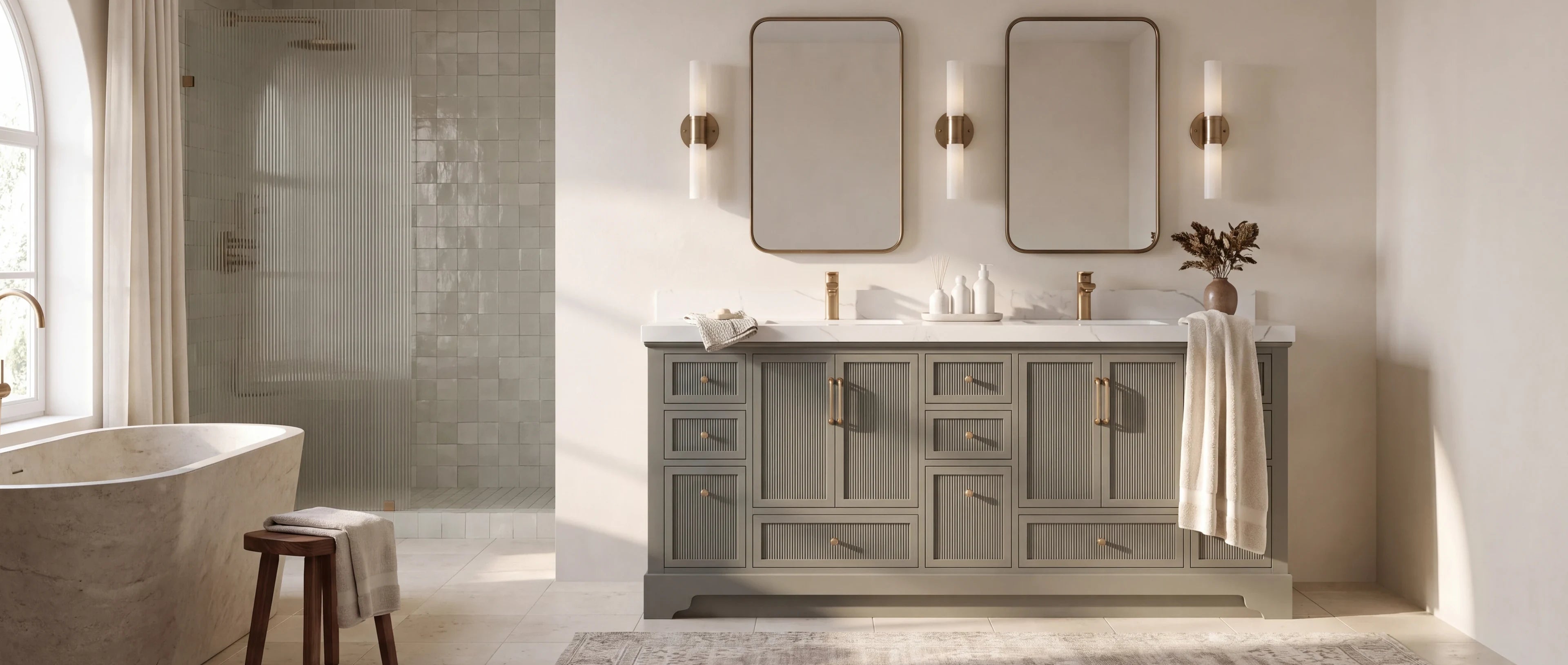 Sonoma 72 inch Dark Natural Teak double sink reeded bathroom vanity in a complete Buckhead designer bathroom