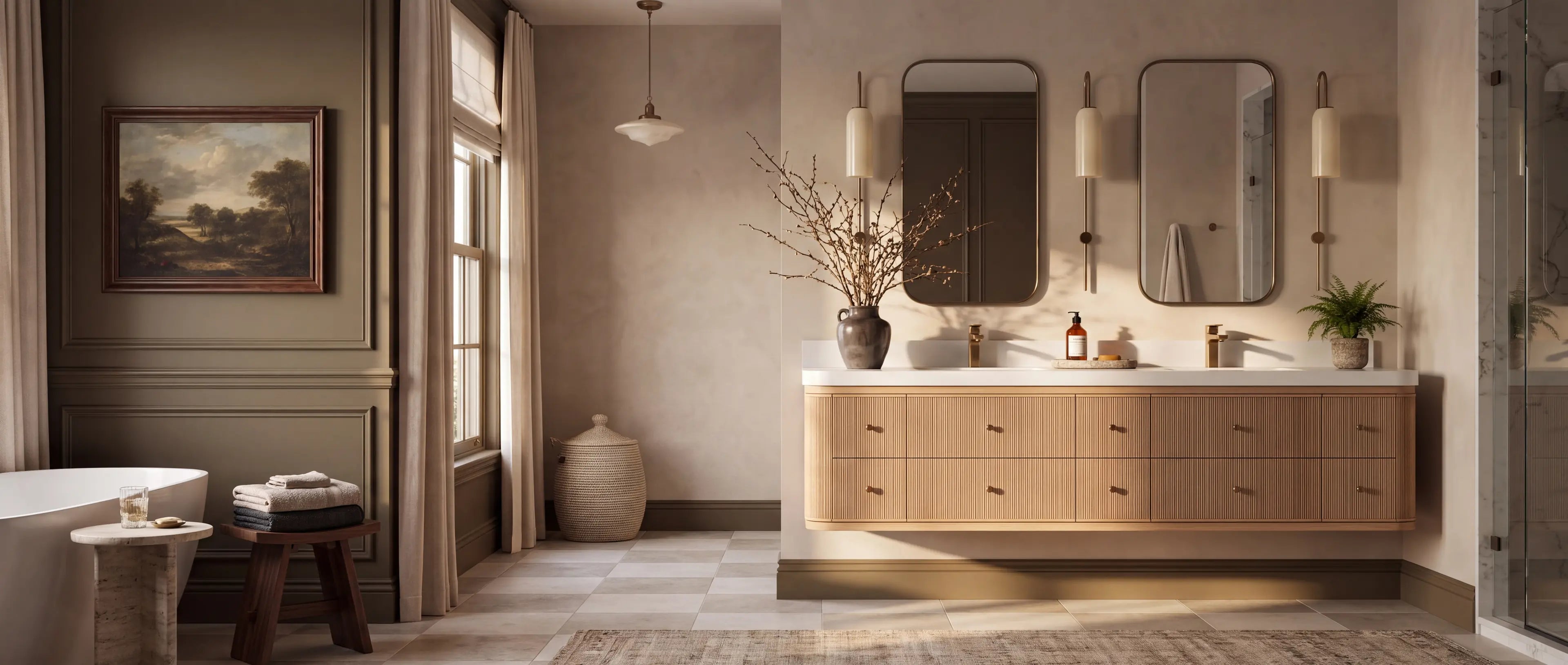Hampton 84 inch White Oak double sink vanity in a warm American designer bathroom
