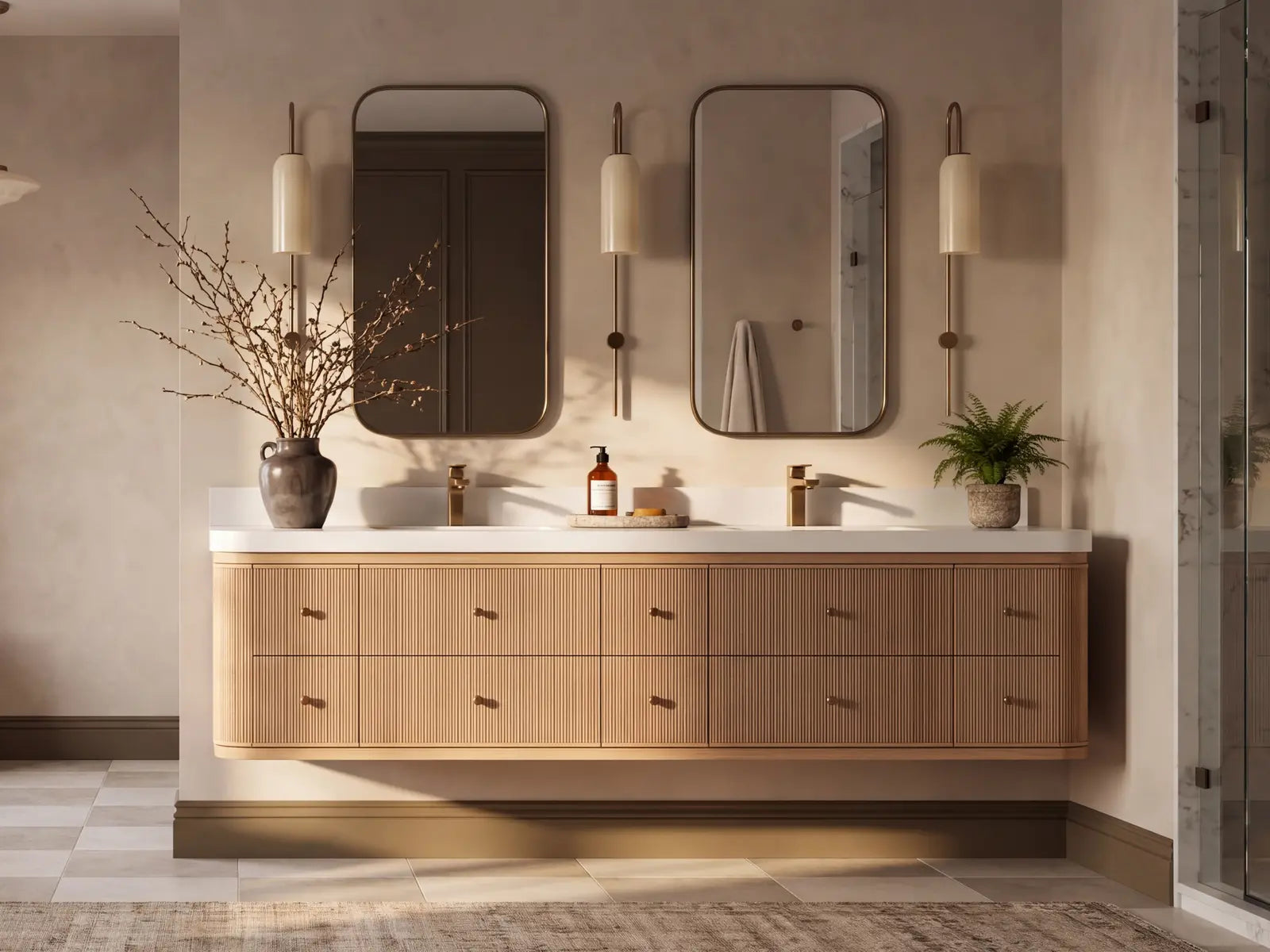 Hampton 84 inch White Oak double sink vanity in a warm layered designer bathroom