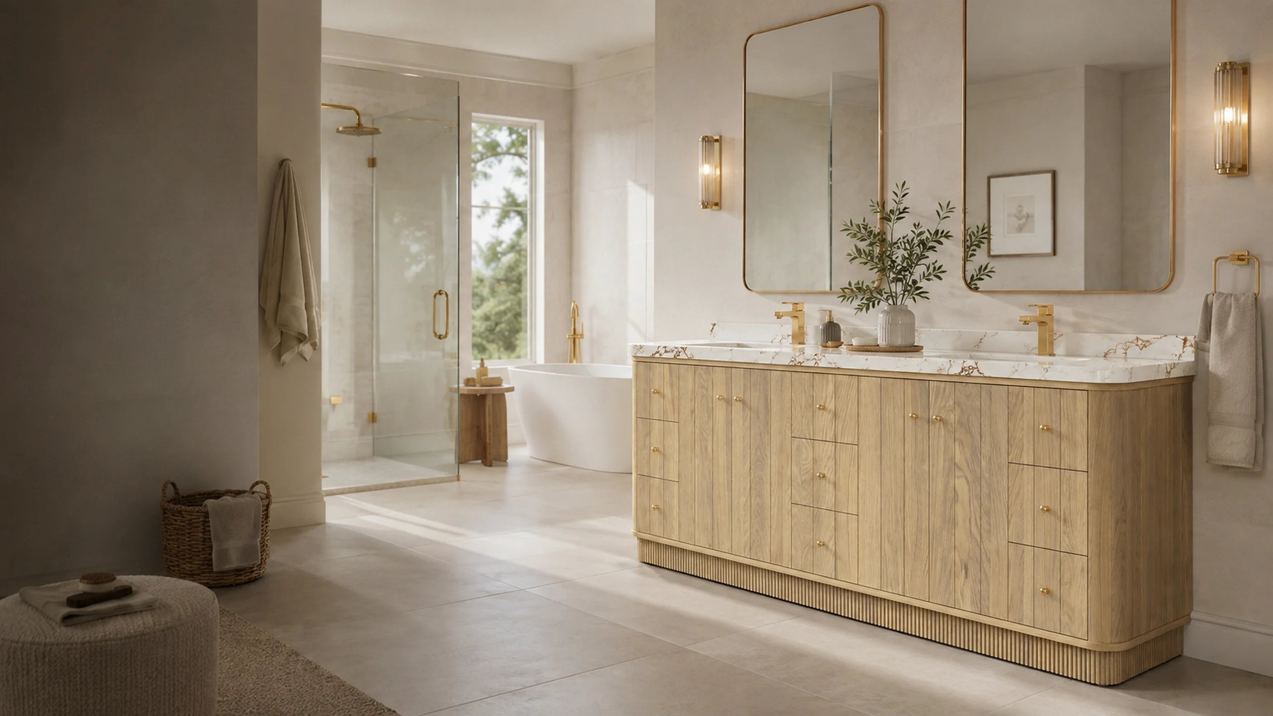 Modern white oak bathroom vanity in a warm contemporary bathroom interior