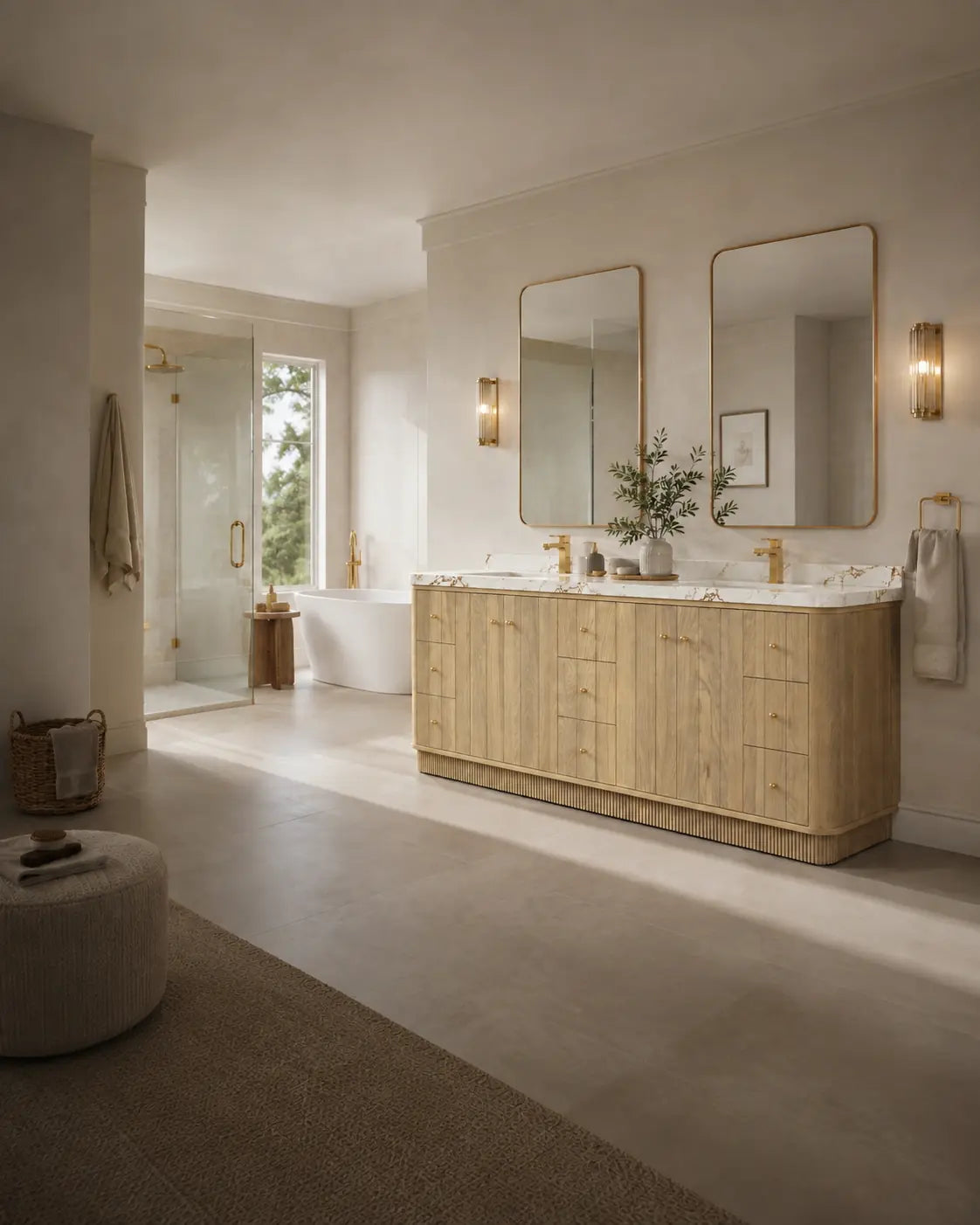Modern white oak bathroom vanity in a warm contemporary bathroom interior