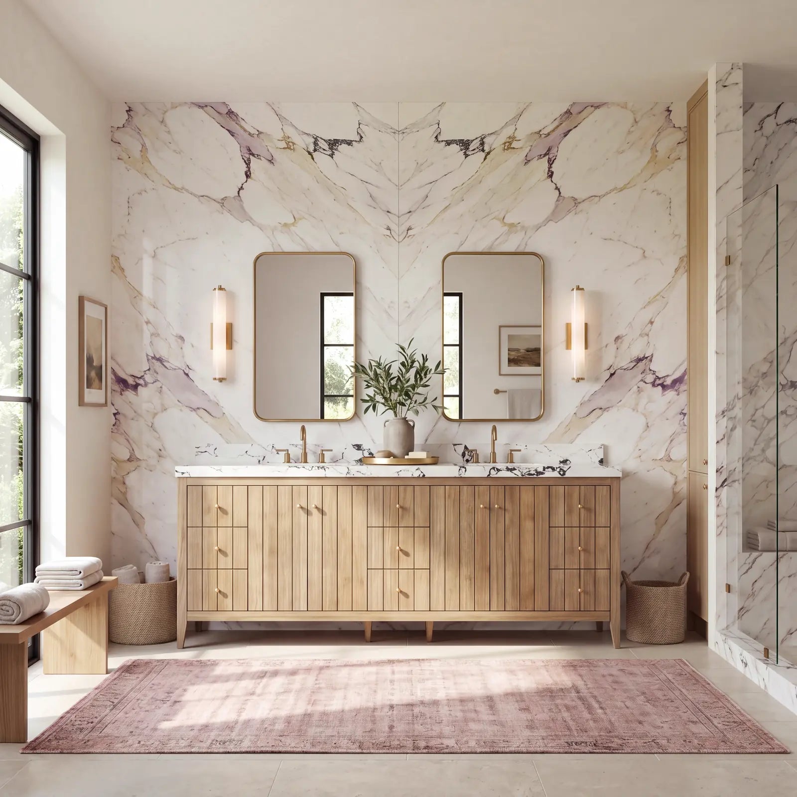 Atlanta 84 inch solid teak double sink vanity against a book-matched plum-veined marble wall in a bright sunlit bathroom