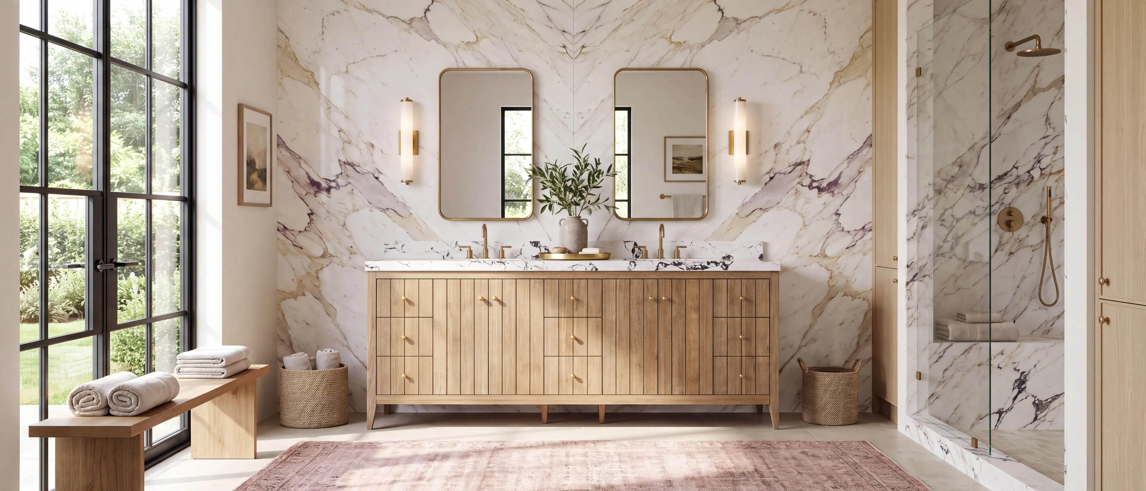 Atlanta 84 inch solid teak double sink vanity against a book-matched plum-veined marble wall in a bright sunlit bathroom