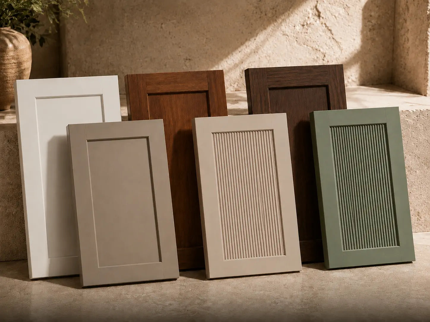 Willow cabinet door samples in white, greige, walnut, linen beige, and pewter green finishes