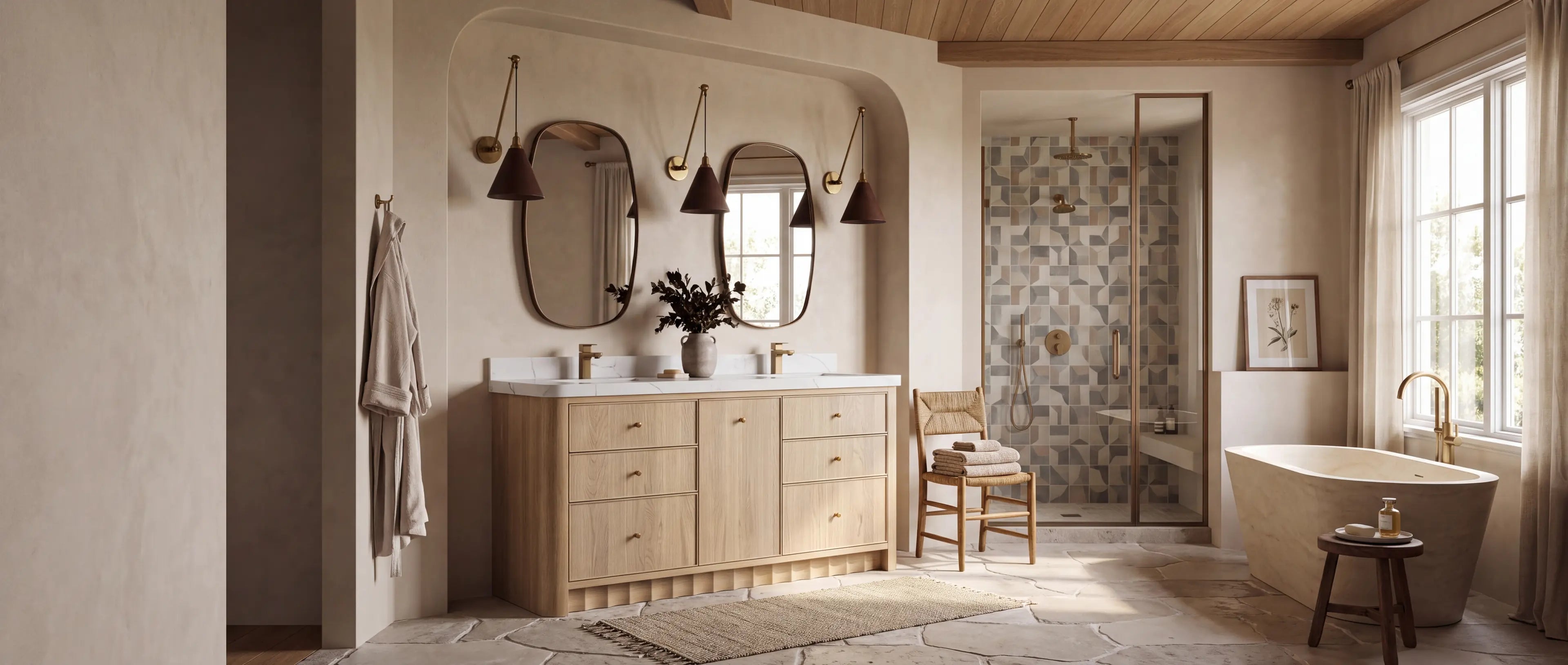 Orlando 72 inch Nordic White Oak double sink vanity in a warm American organic transitional primary bathroom