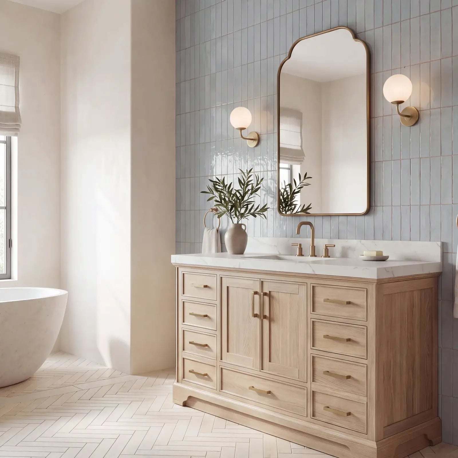 Charlotte 60 inch White Oak single sink bathroom vanity in a bright European boutique hotel bathroom