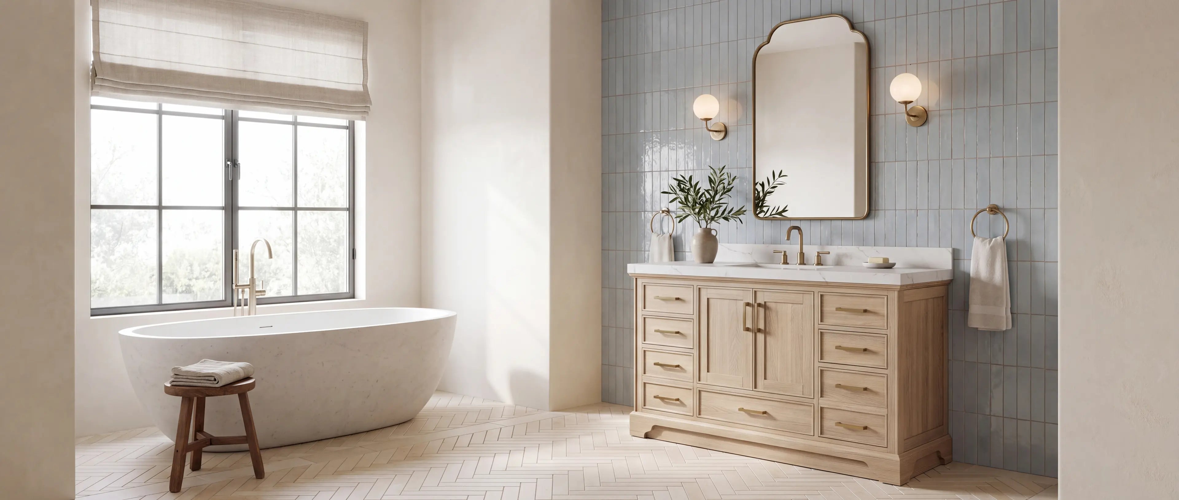Charlotte 60 inch White Oak single sink bathroom vanity in a bright European boutique hotel bathroom