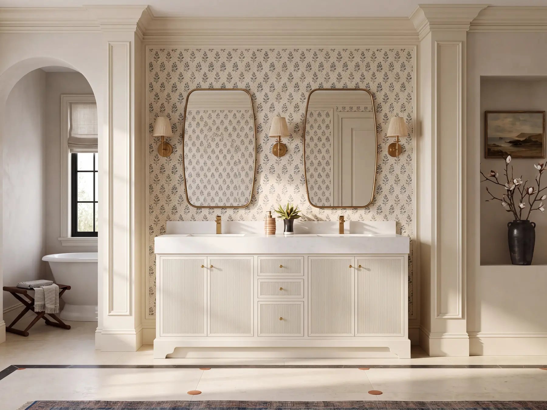 Willow Manhattan 72 inch Alabaster double sink vanity with two mirrors in a collected Georgian bathroom