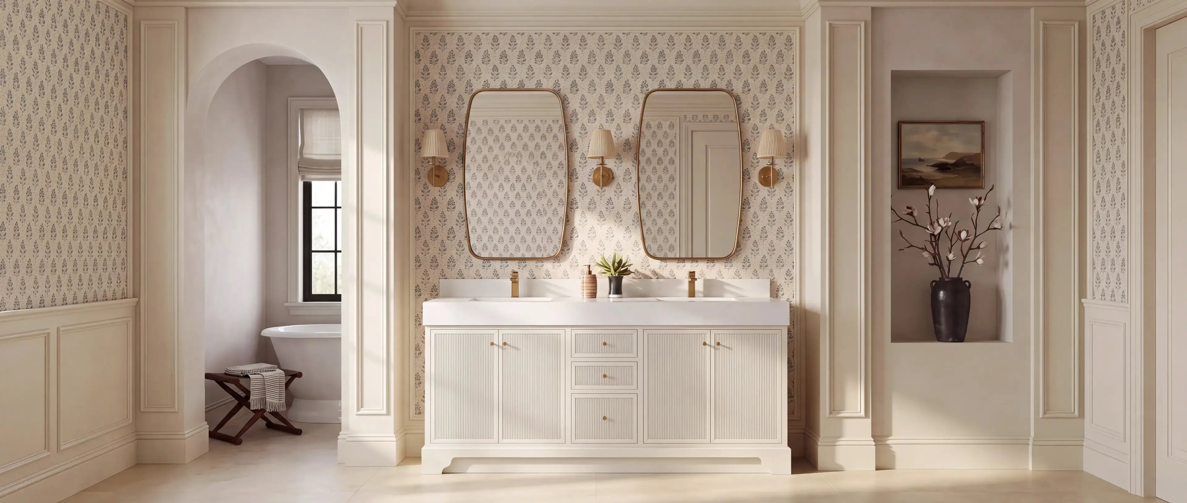 Chicago 72 inch Alabaster double sink vanity in a Belgian limestone conservatory bathroom