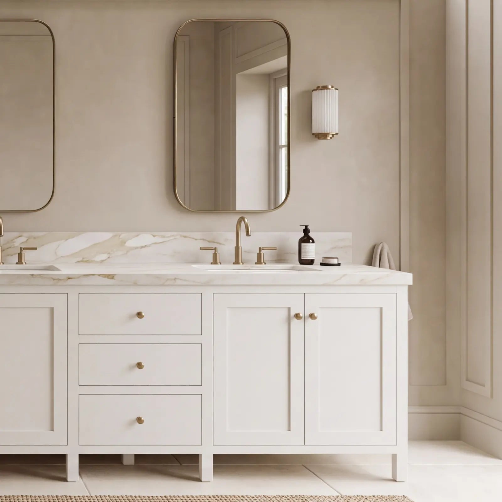 Chicago Alabaster vanity, Belgian limestone and warm neutral bathroom materials