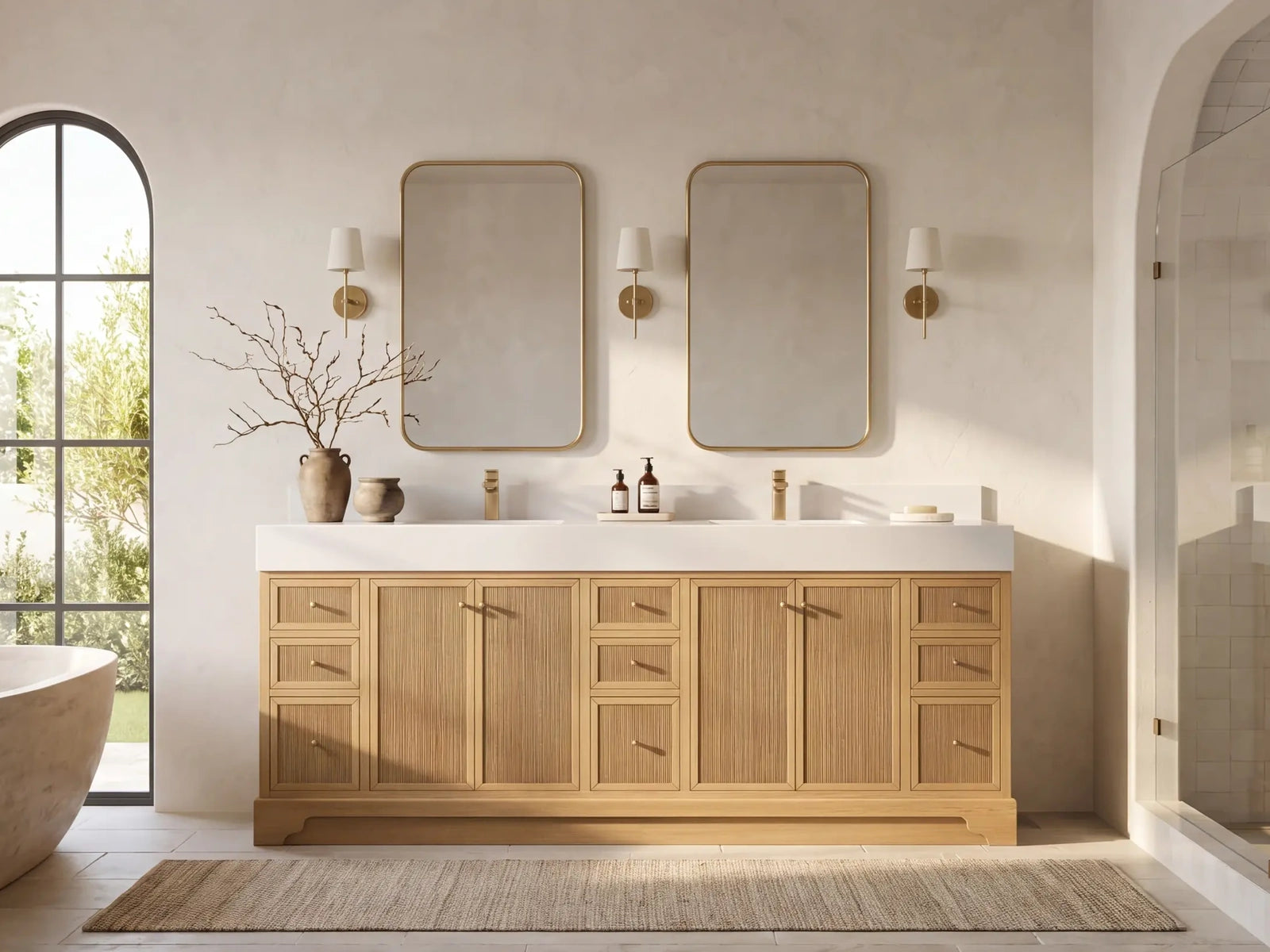 Willow Manhattan 84 inch White Oak double sink vanity in a complete designer bathroom