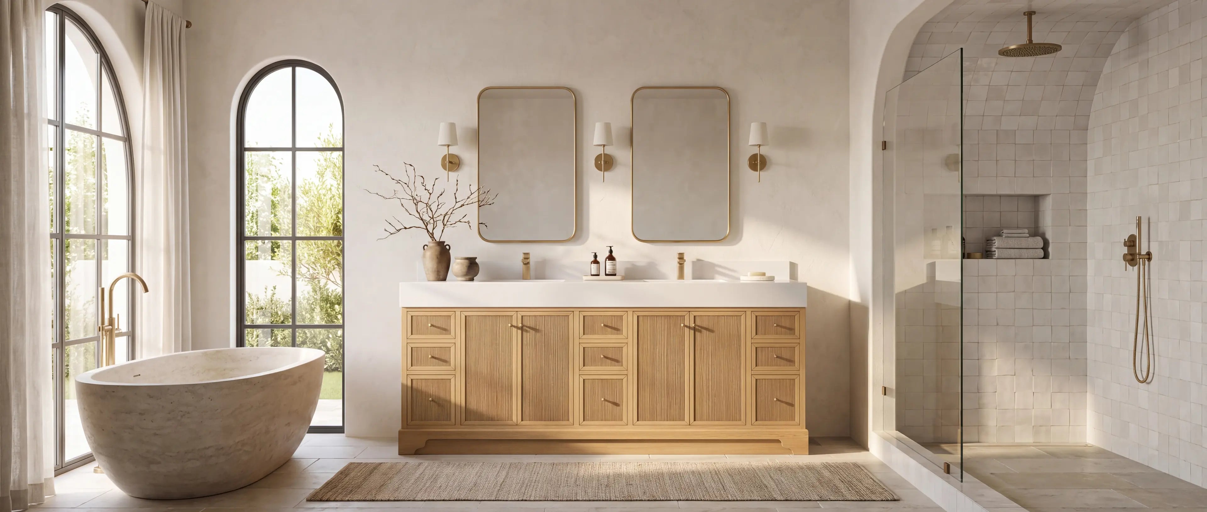 Willow Bath and Vanity Manhattan 84 inch White Oak double sink vanity in a complete designer primary bathroom