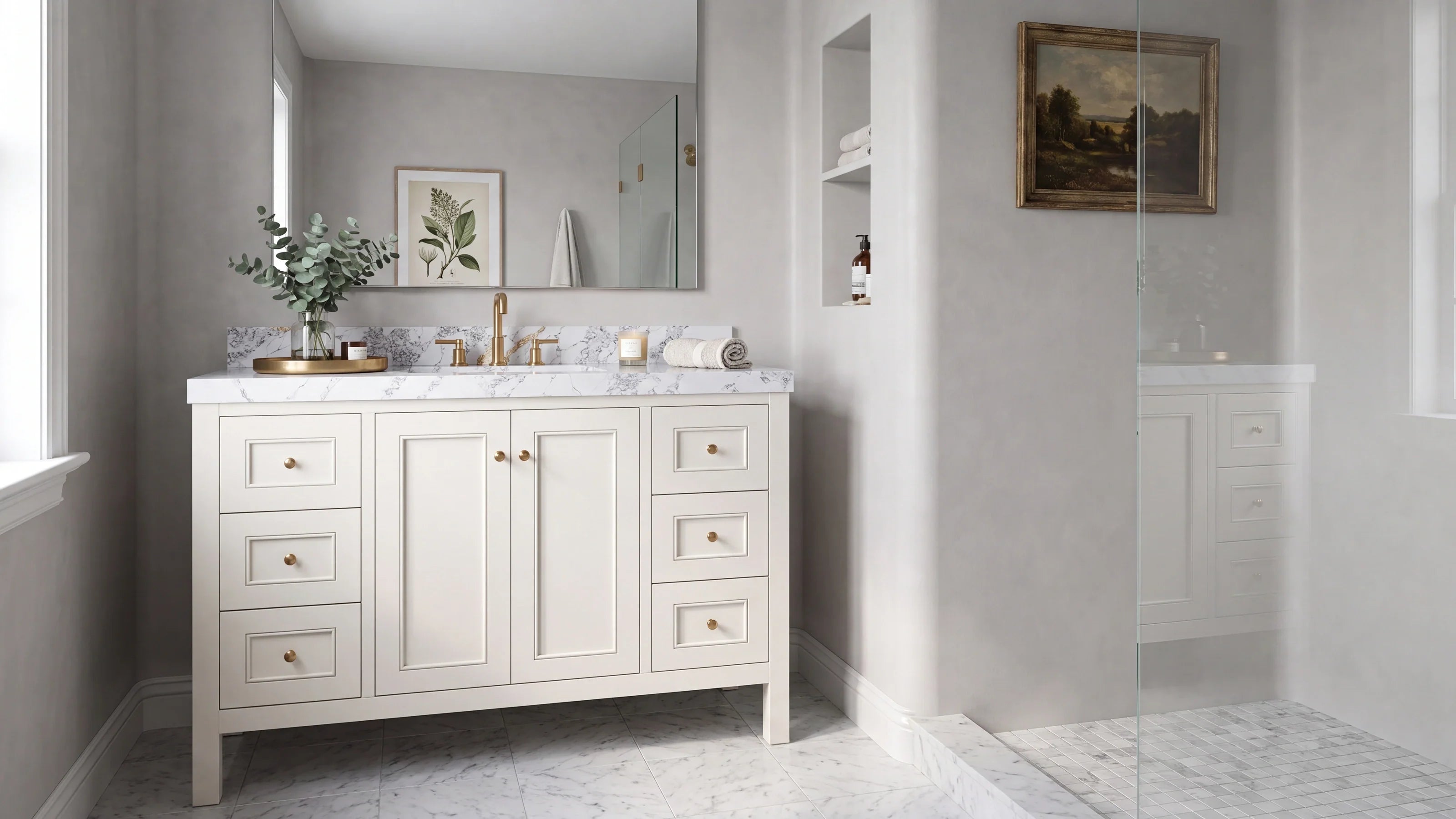Painted white single-sink bathroom vanity with brass hardware and calacatta quartz top in a classic Duluth, GA bathroom — Willow Bath & Vanity
