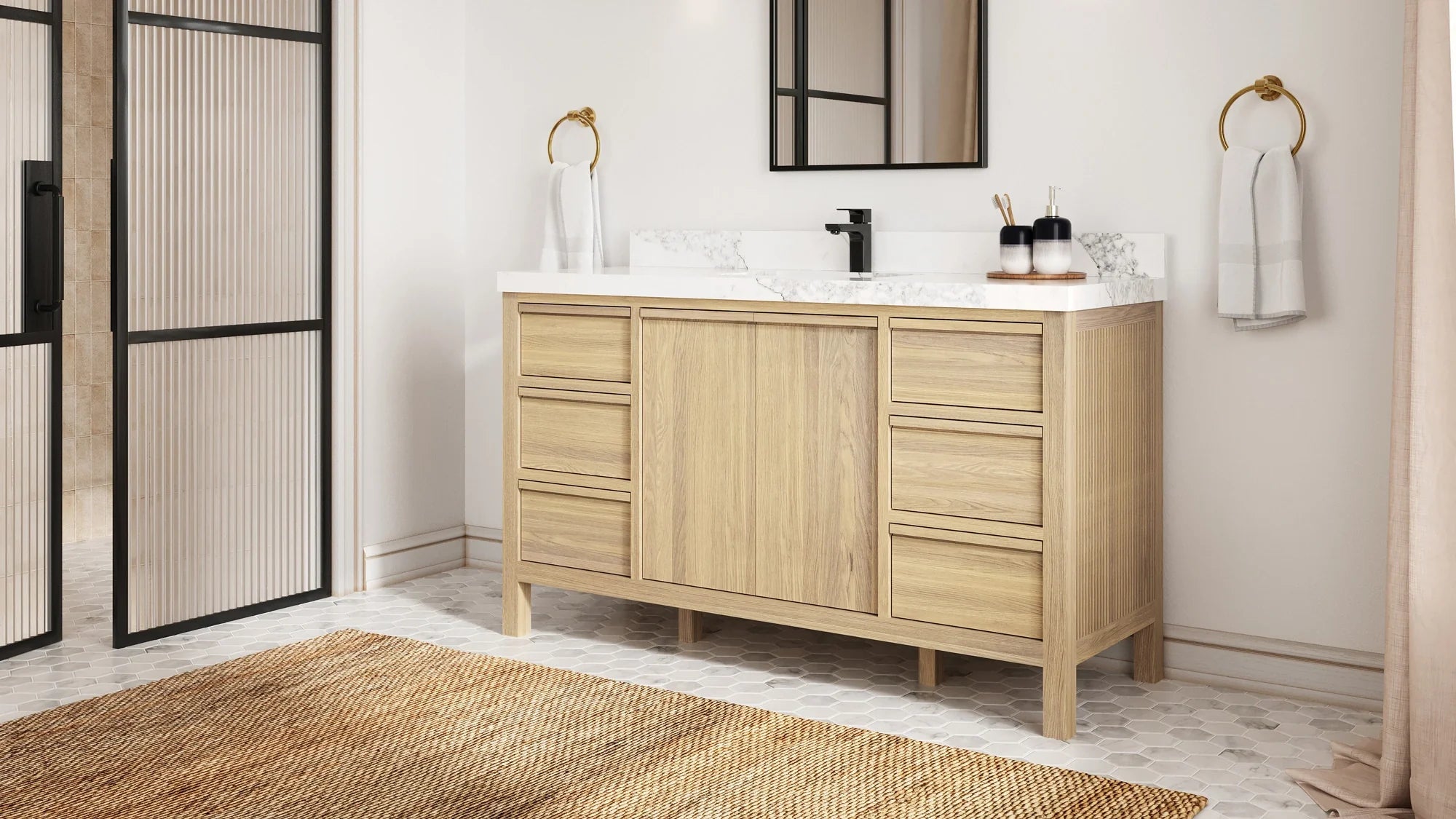 Solid white oak single-sink bathroom vanity with fluted side panels and quartz top in a refined Dunwoody / Brookhaven, GA bathroom near Perimeter — Willow Bath & Vanity