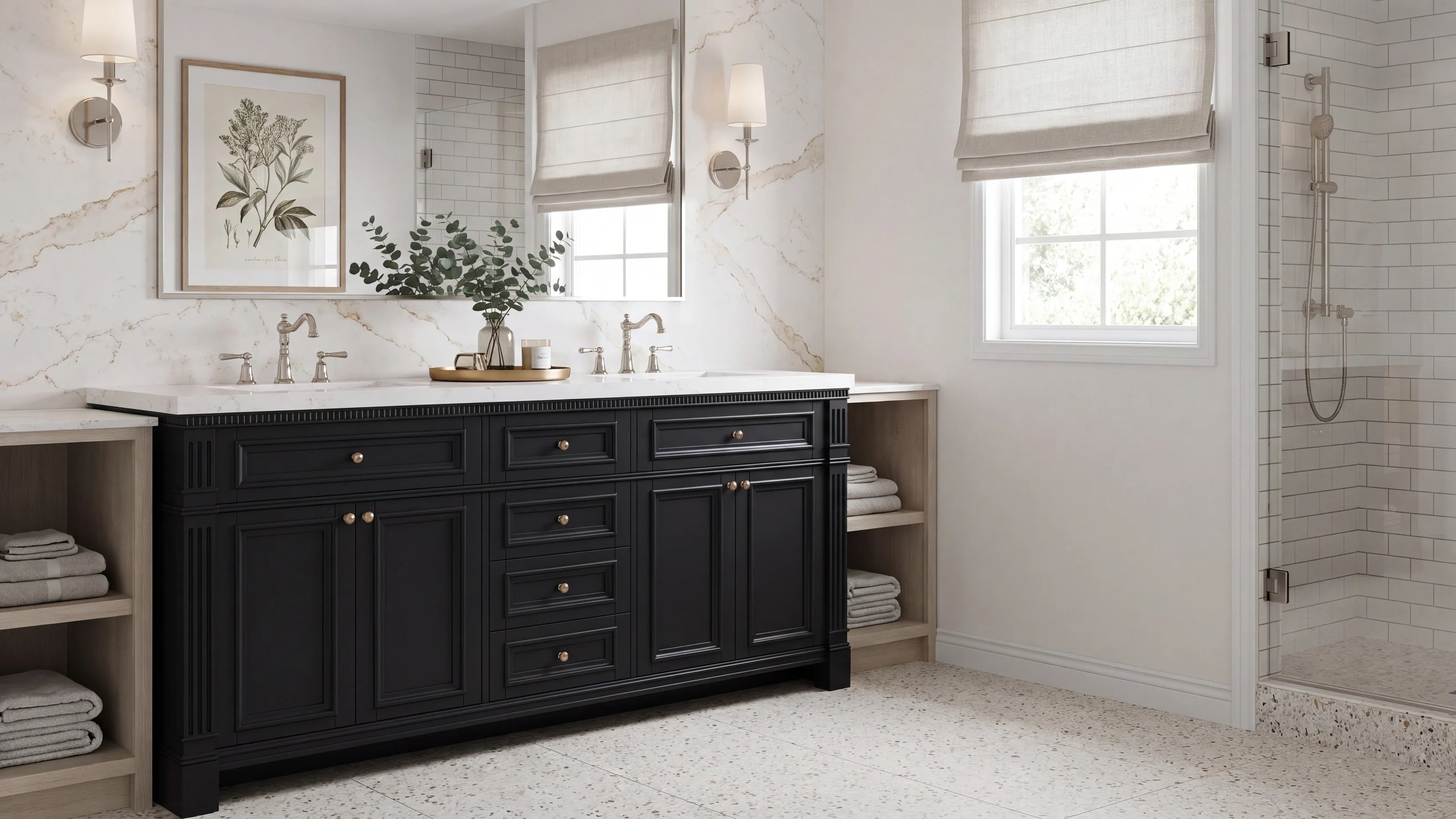 Solid birch double sink bathroom vanity in a Marietta, GA bathroom blending historic character and craftsmanship — Willow Bath & Vanity