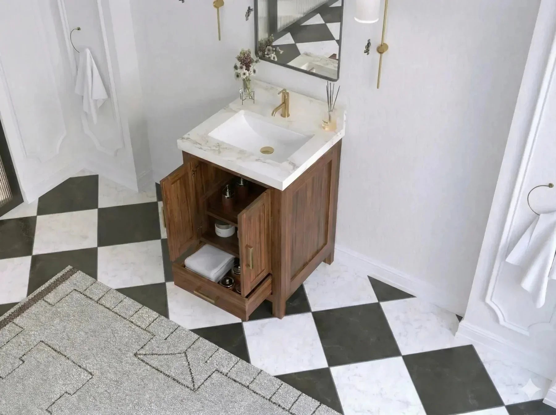 Drawers and door cabinets in a 24-inch bathroom vanity