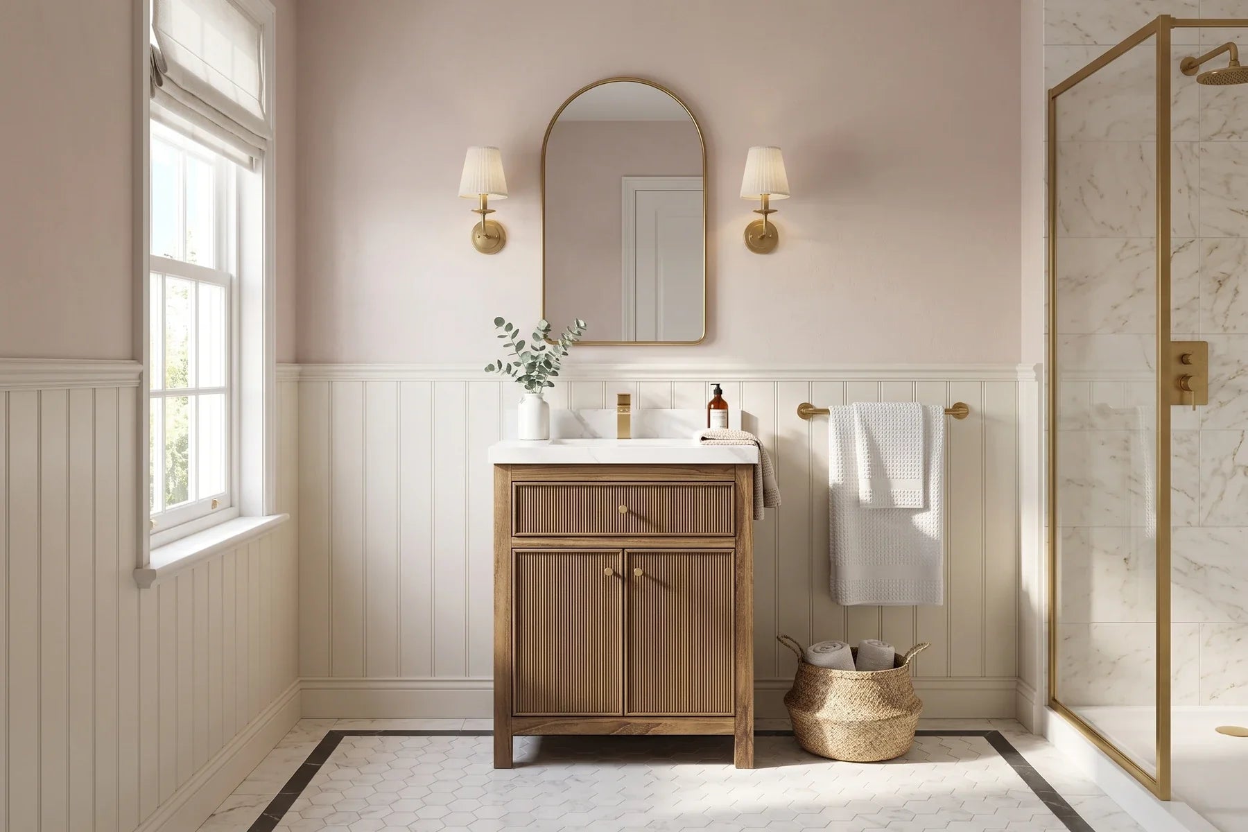 Sonoma 30-inch teak single vanity in a compact guest bathroom with beadboard, clay-pink plaster and a marble hexagon floor