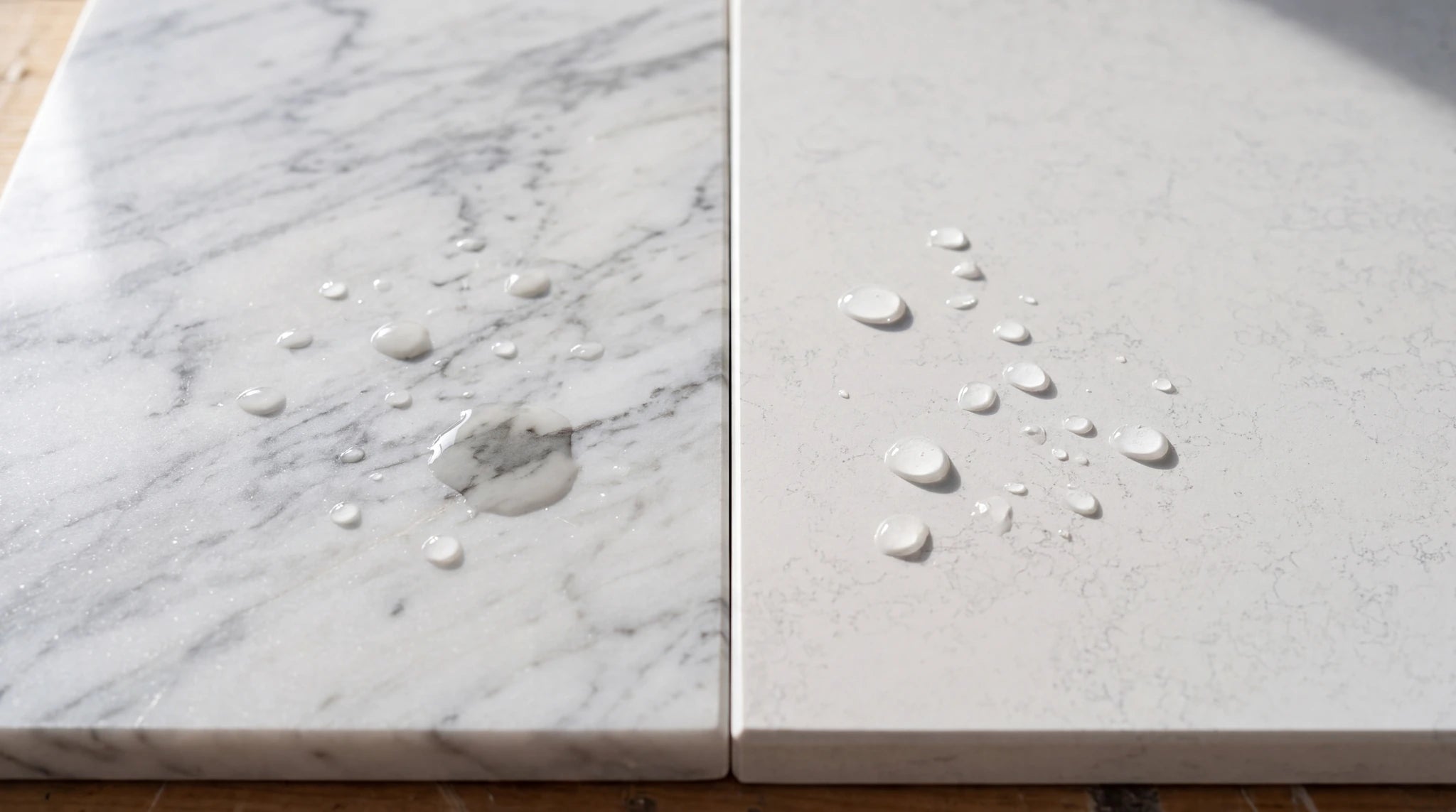 Macro comparison of a natural marble vanity top and an engineered quartz vanity top meeting at a seam, water beading on the quartz and one drop darkening the marble