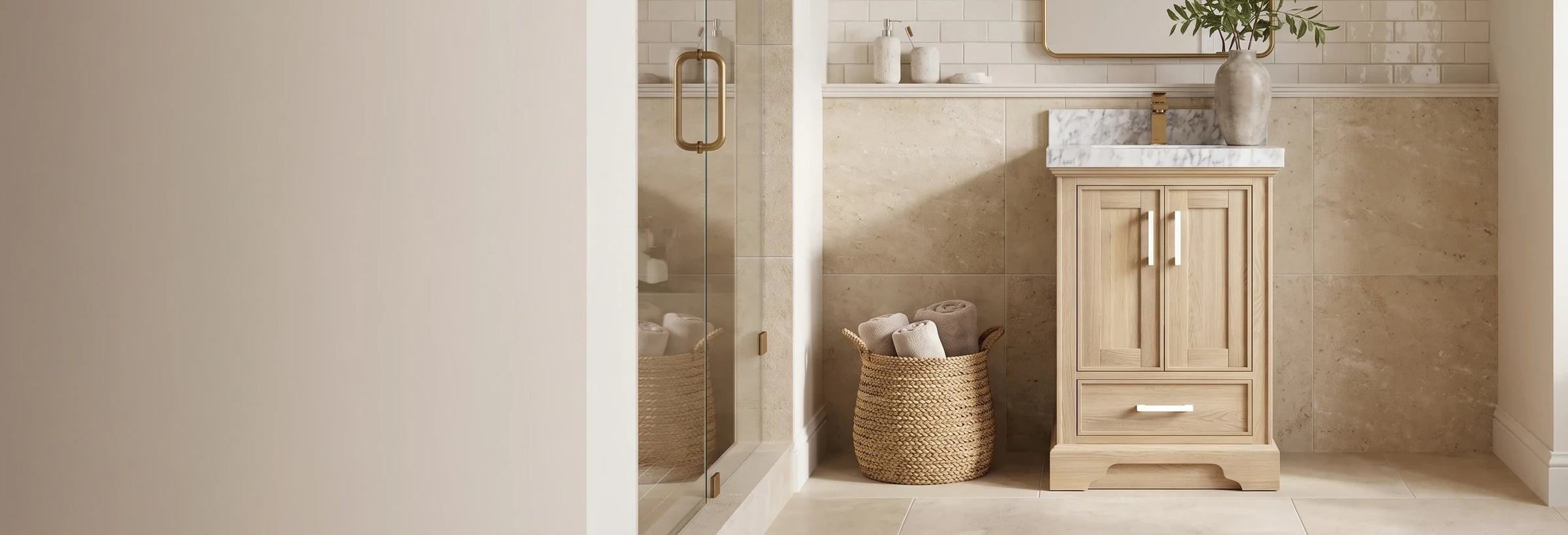 Charlotte White Oak 24 in. single sink vanity in a travertine bathroom