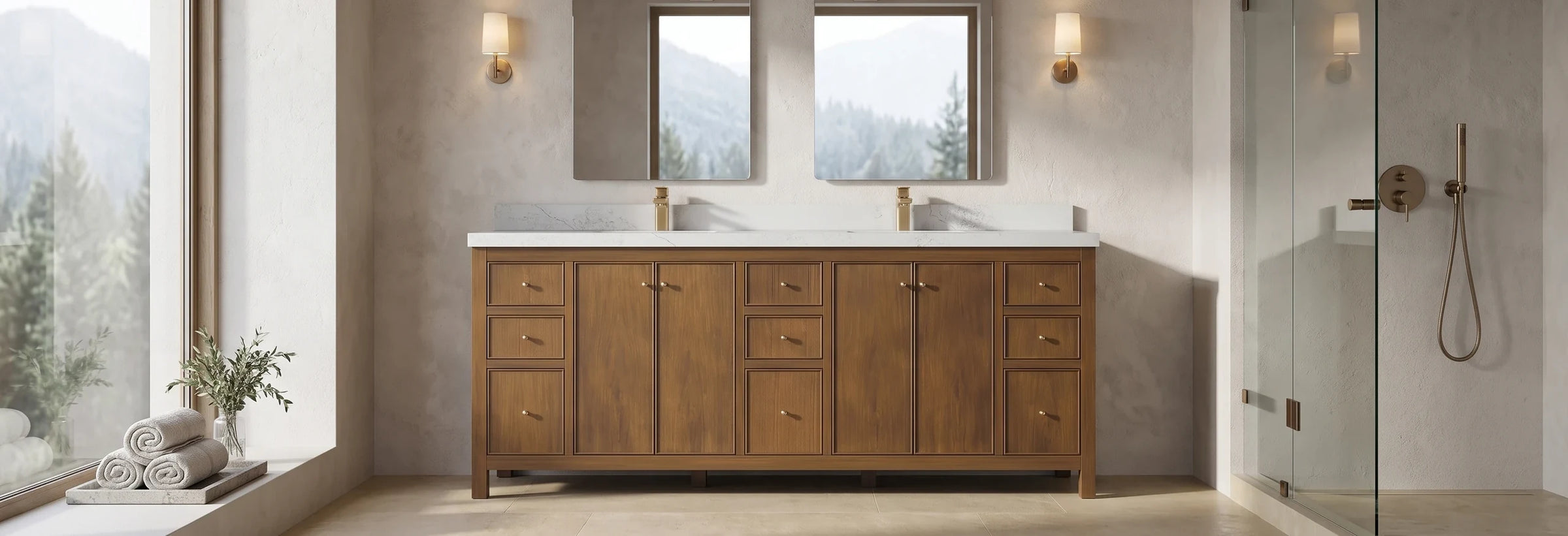 Chicago Teak 84 in. double sink vanity in dark natural teak in a mountain bathroom