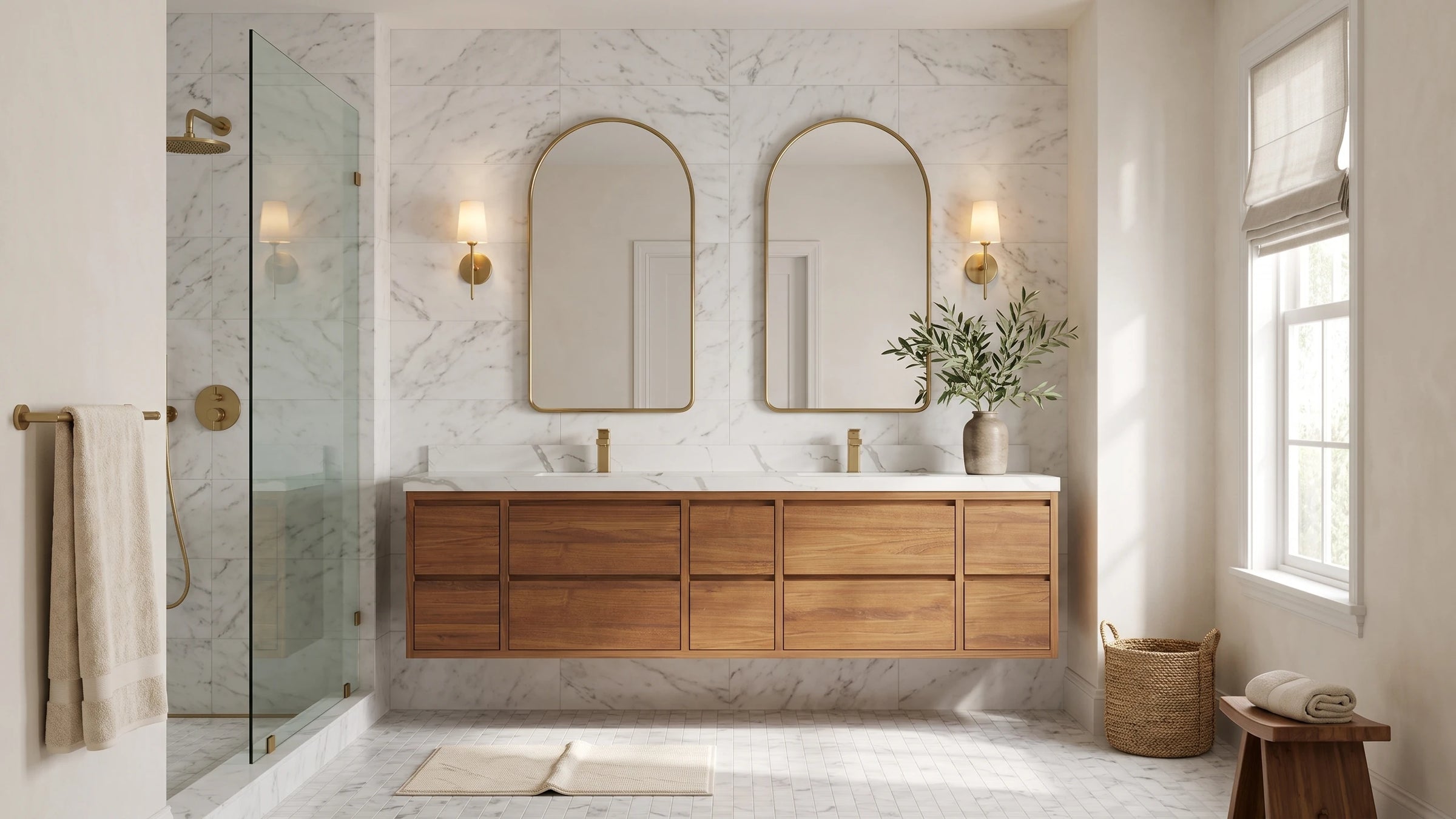 Madison floating 84 in. double sink vanity in dark natural teak in a marble bathroom