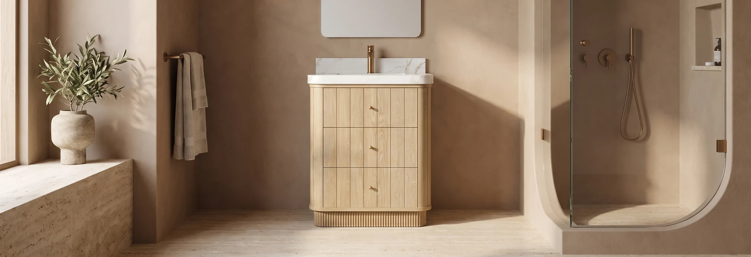Houston White Oak 30 in. curved edge single sink vanity in a warm plaster bathroom